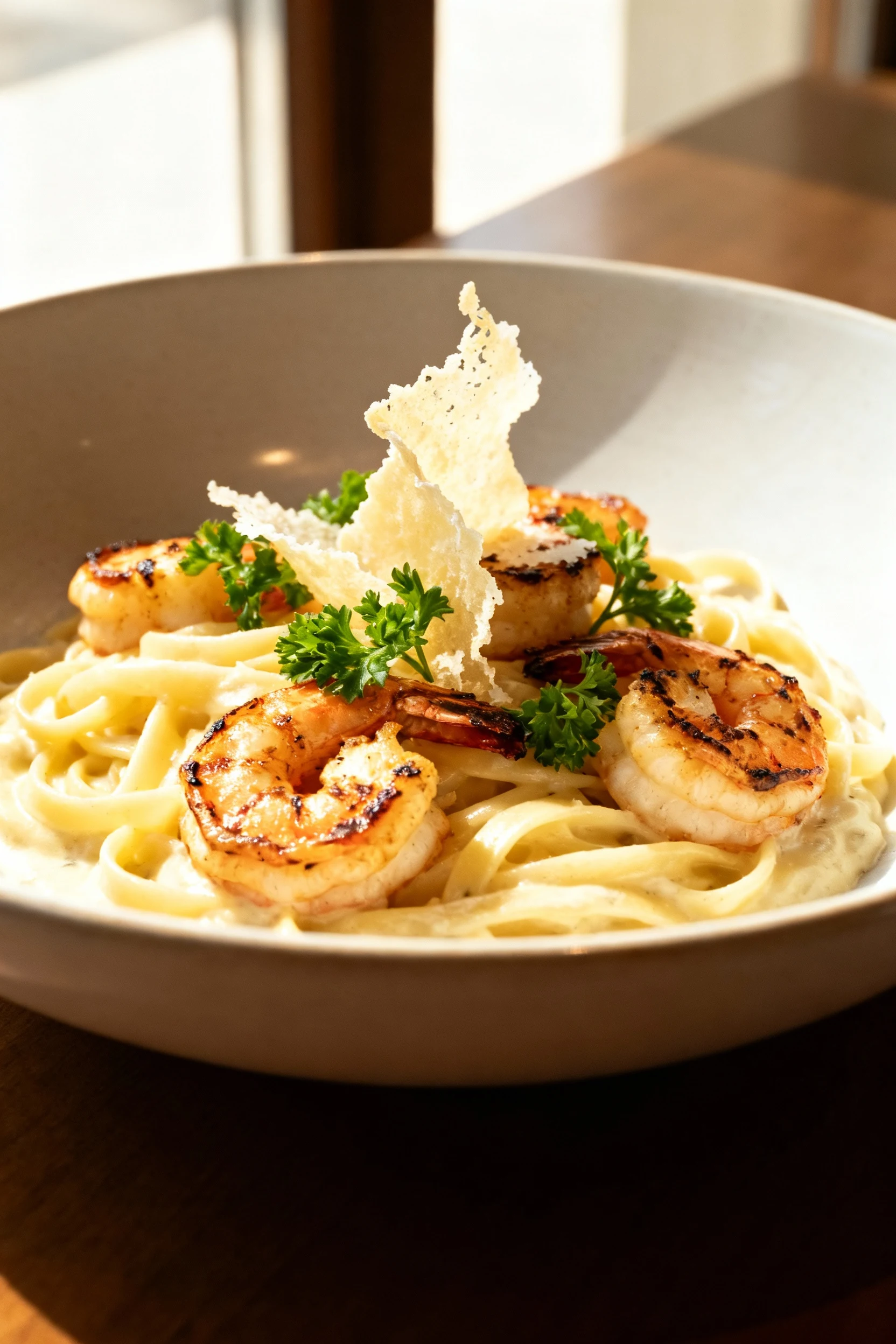 Beautifully plated Alfredo pasta topped with grilled shrimp and a sprinkle of fresh parsley, served in a wide shallow bo
