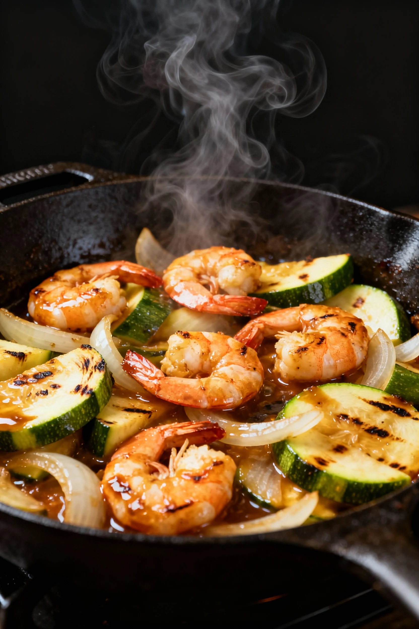 Mid-action cooking process shot of shrimp and vegetables being stir-fried in a cast-iron skillet over high heat, light c
