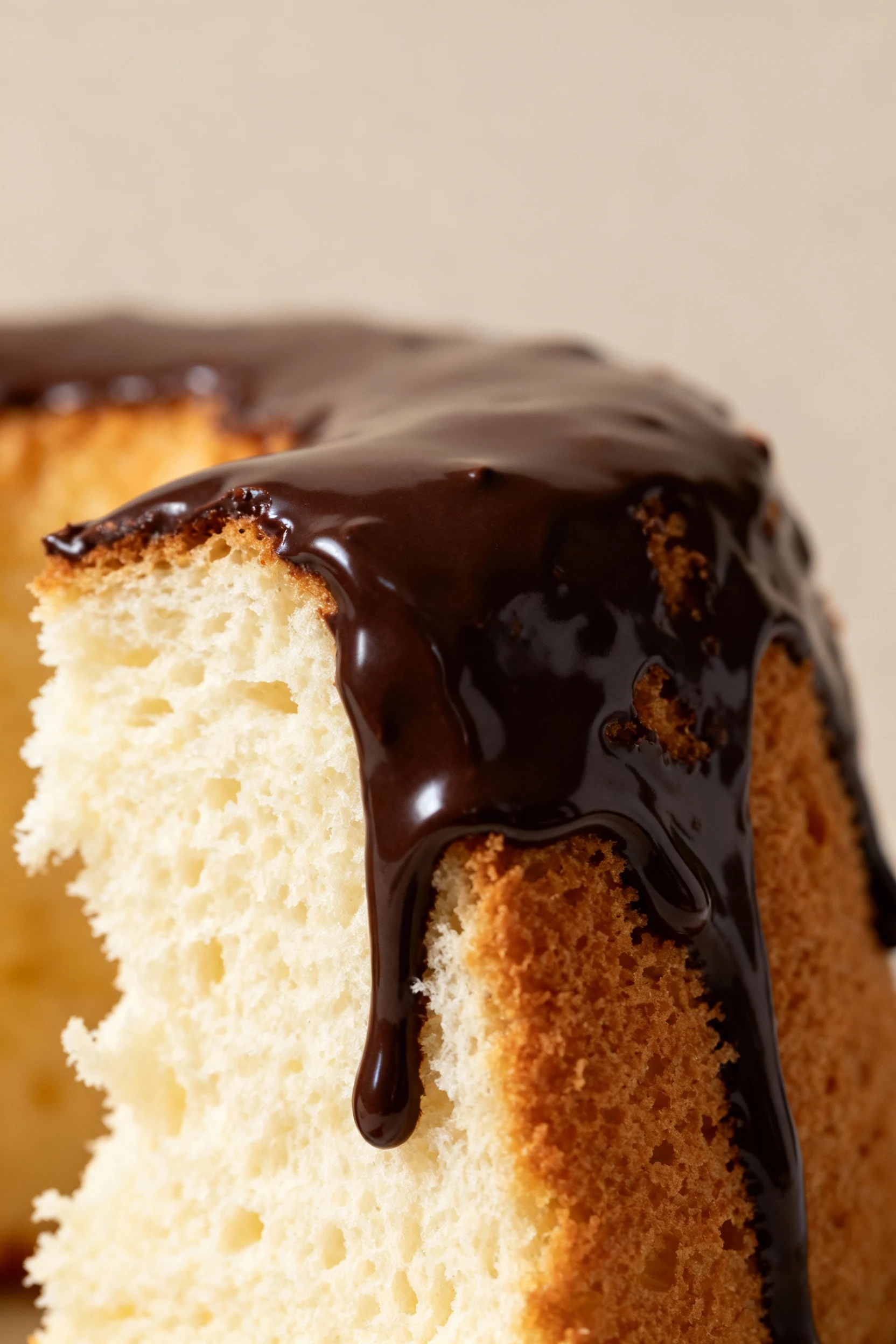 Macro detail of a fluffy angel food cake slice drizzled with glossy melted dark chocolate, rich brown against pale spong