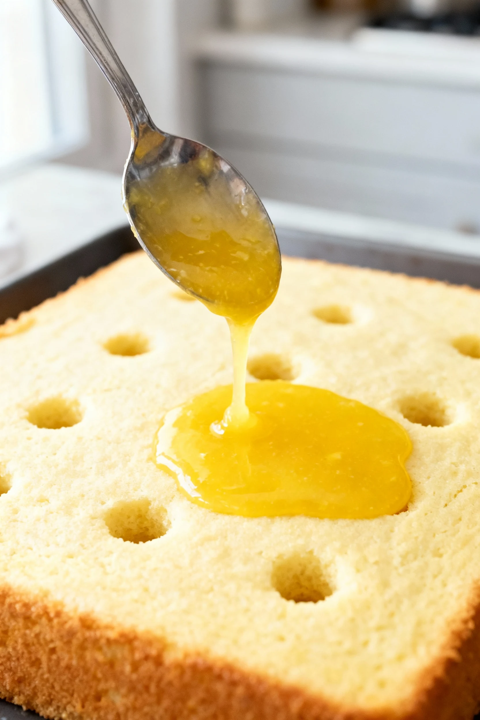 Professional kitchen shot of cooled lemon poke cake mid-preparation, spoon gently pouring thick lemon curd into evenly p