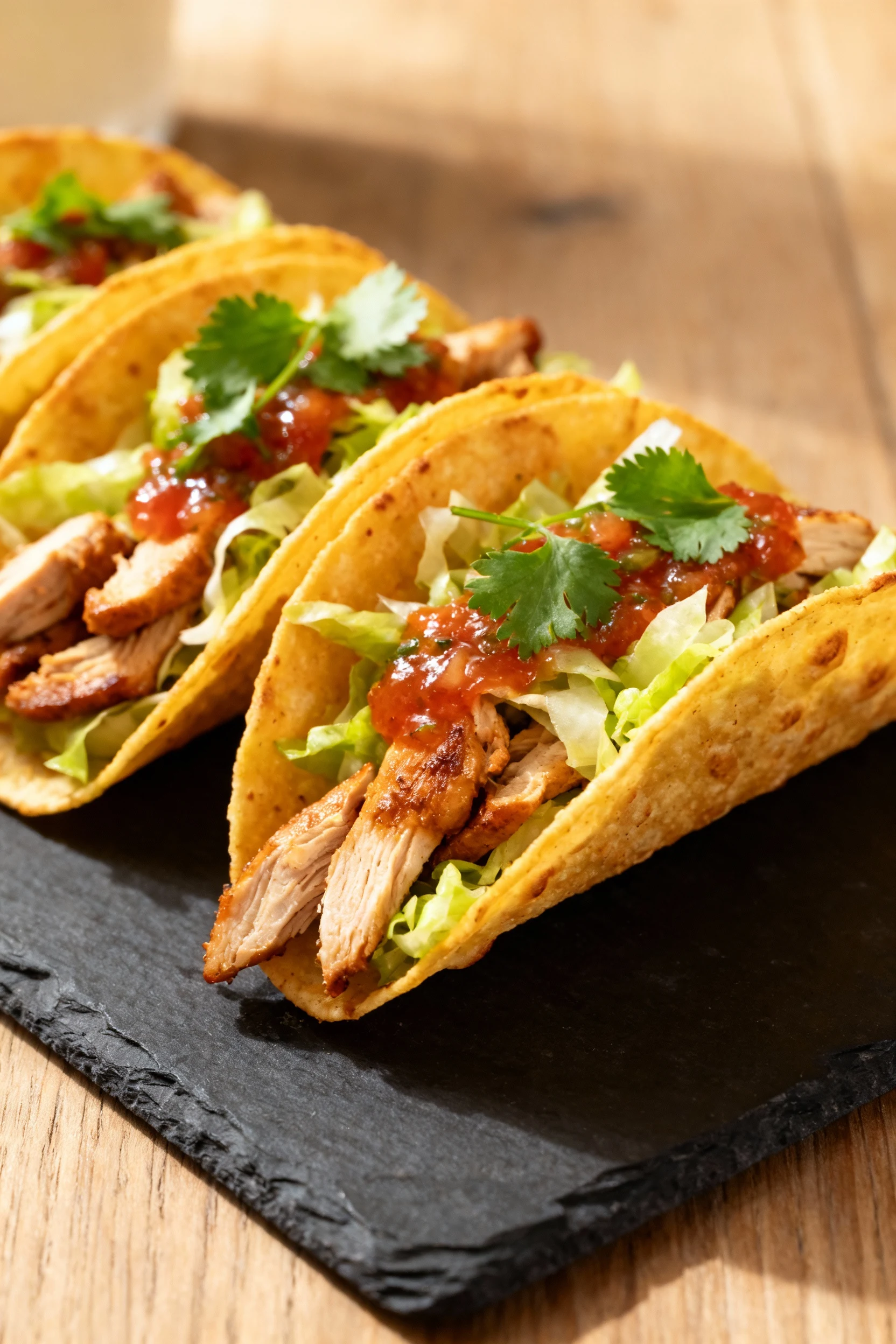 Beautifully plated leftover turkey tacos with warm tortillas filled with spiced turkey, shredded lettuce, salsa, and fre