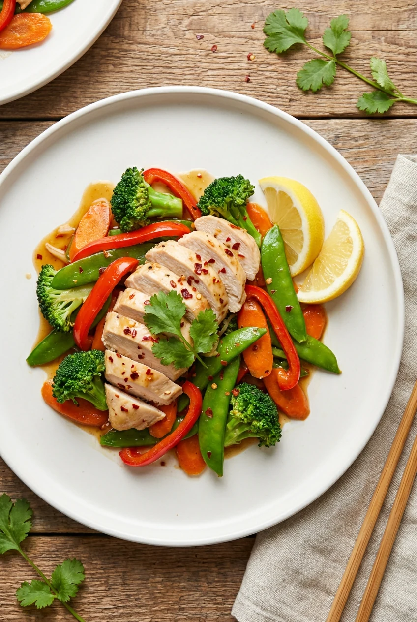 3. Beautifully plated lean chicken and vegetable stir-fry served on a matte white plate, garnished with a sprinkle of ch