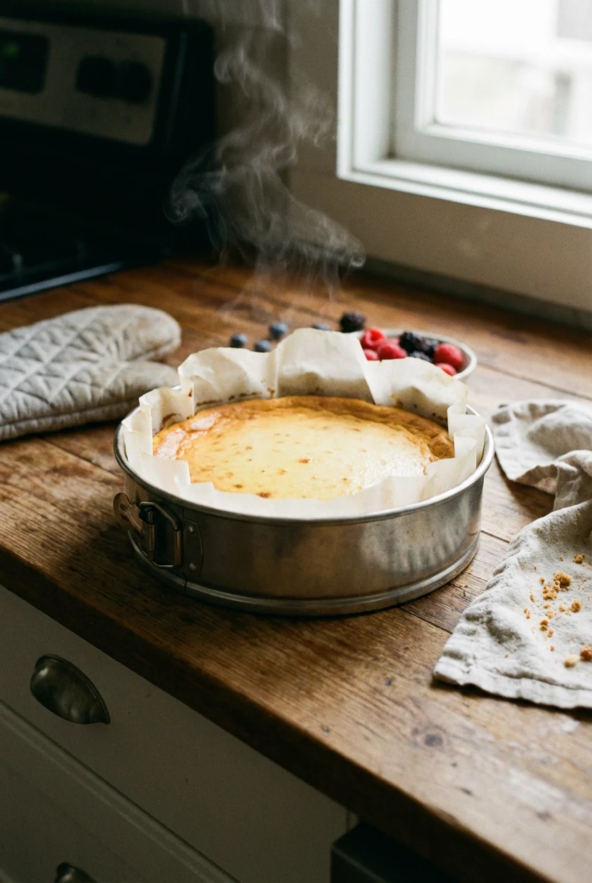 Step-in-process shot of a baked cheesecake just out of the oven, still in its springform pan with parchment lining visib