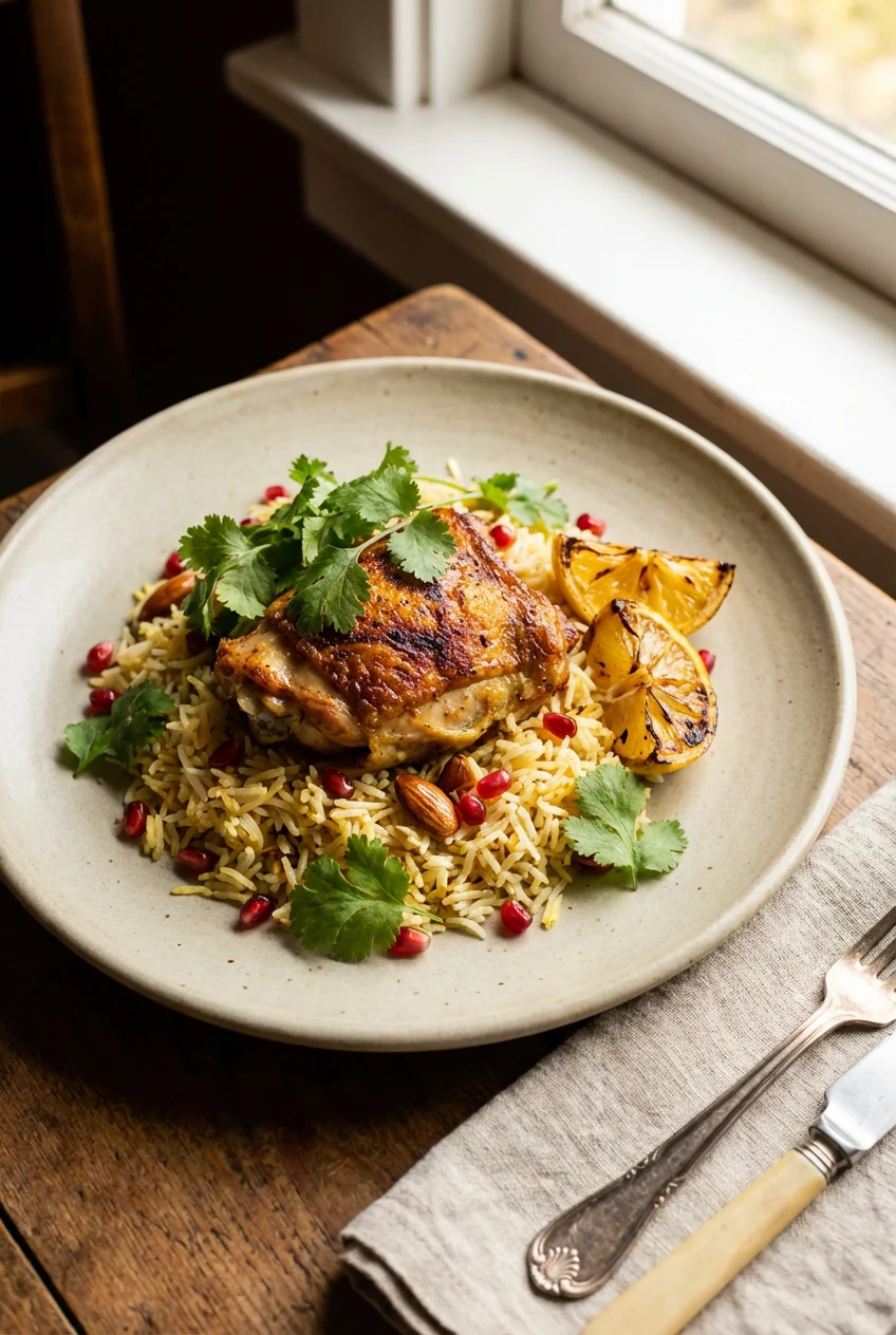 Beautifully plated chicken and rice dish on a matte ceramic plate, garnished with fresh cilantro sprigs and lemon wedges