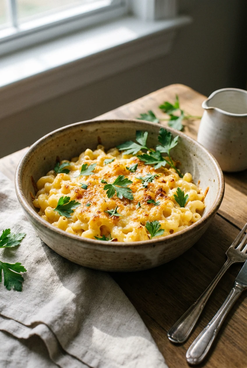 Beautifully plated serving of macaroni and cheese in a rustic ceramic bowl, garnished with fresh parsley leaves for a po