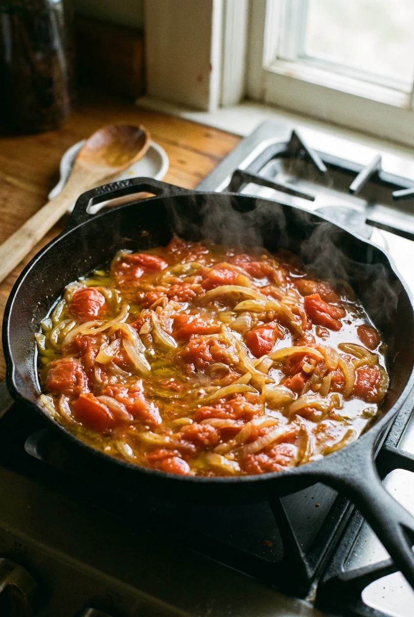 Mid-cooking process shot of tomato and onion mixture bubbling gently in olive oil, visible texture of softened tomatoes 