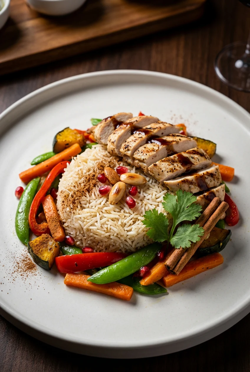 Beautifully plated basmati rice infused with cinnamon alongside sautéed seasonal vegetables in vivid orange, green, and