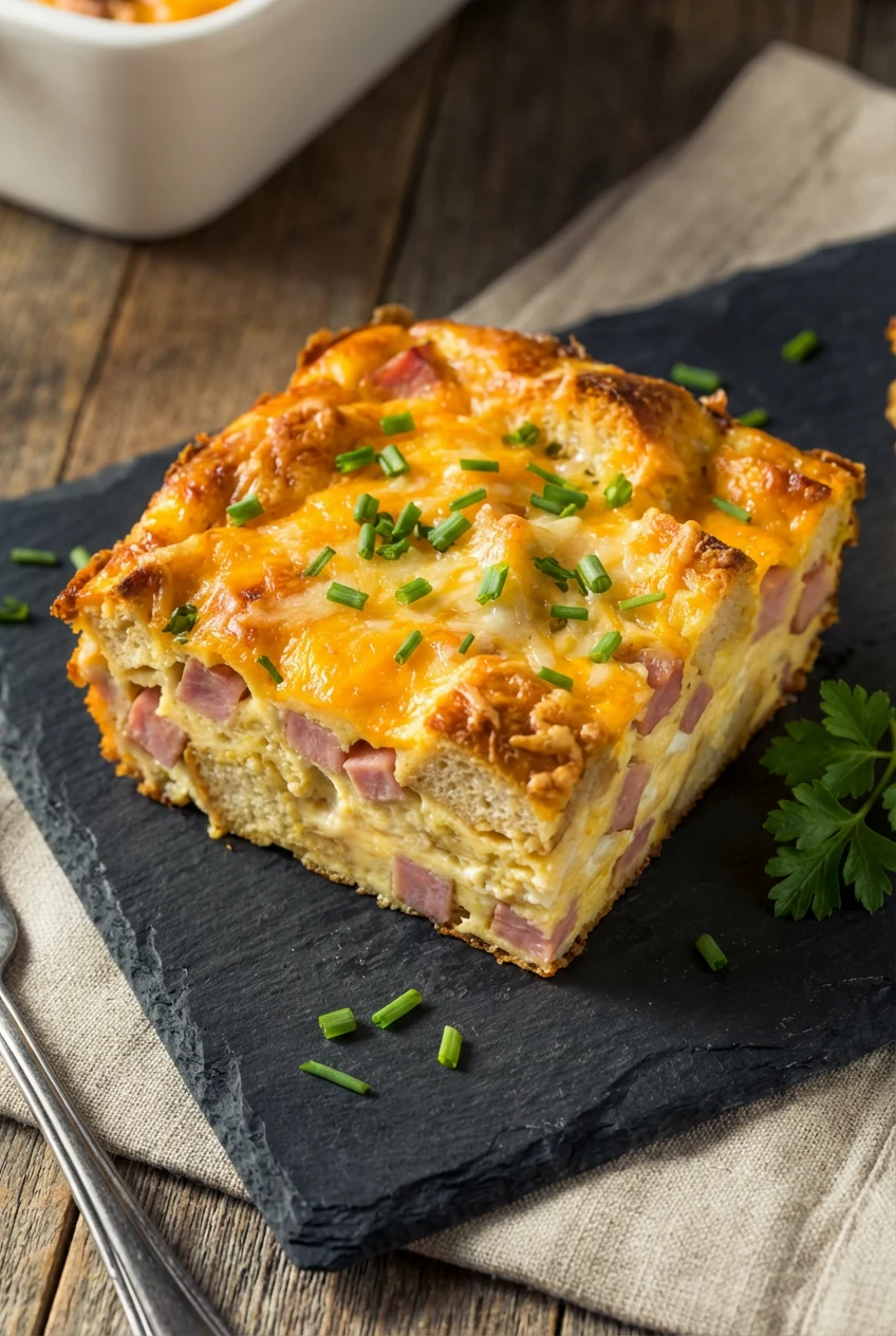 3. Beautifully plated ham & cheese breakfast casserole, showcasing baked golden crust, bubbling cheese, and defined laye