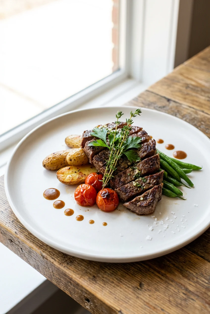 3. Beautifully plated garlic herb sirloin steak with a sprig of fresh thyme and parsley garnish, served alongside roaste