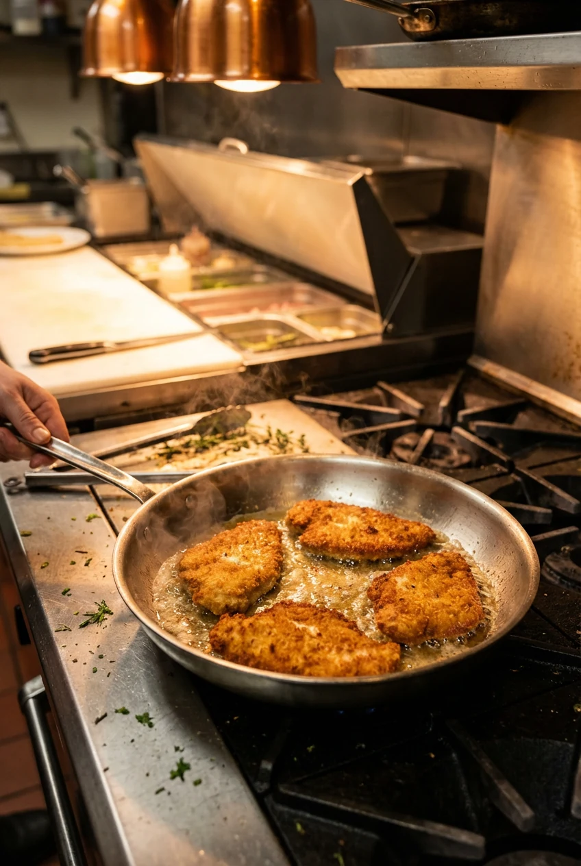 Mid-process shot of chicken cutlets sizzling in a stainless steel skillet, breadcrumb coating turning golden, small bubb