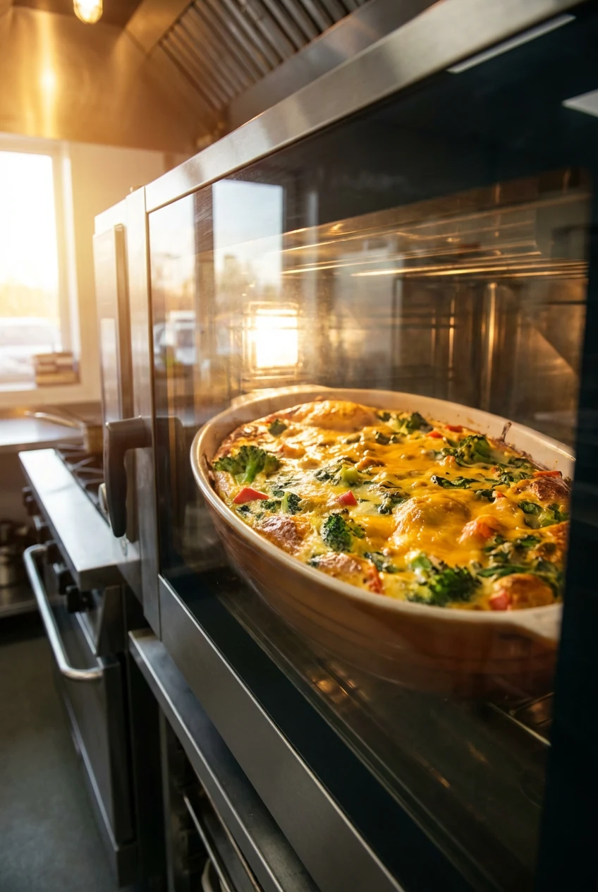 3. Mid-bake cooking process shot showing the egg mixture just beginning to puff and set in the oven, cheese starting to 