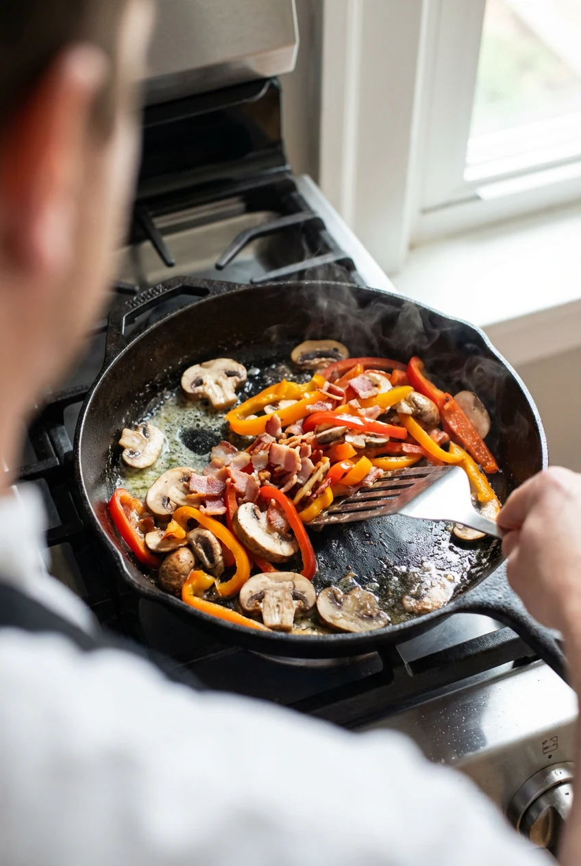 3. Step-in cooking process shot showing vegetables and cooked bacon sautéing in a butter-coated oven-safe skillet, rich 