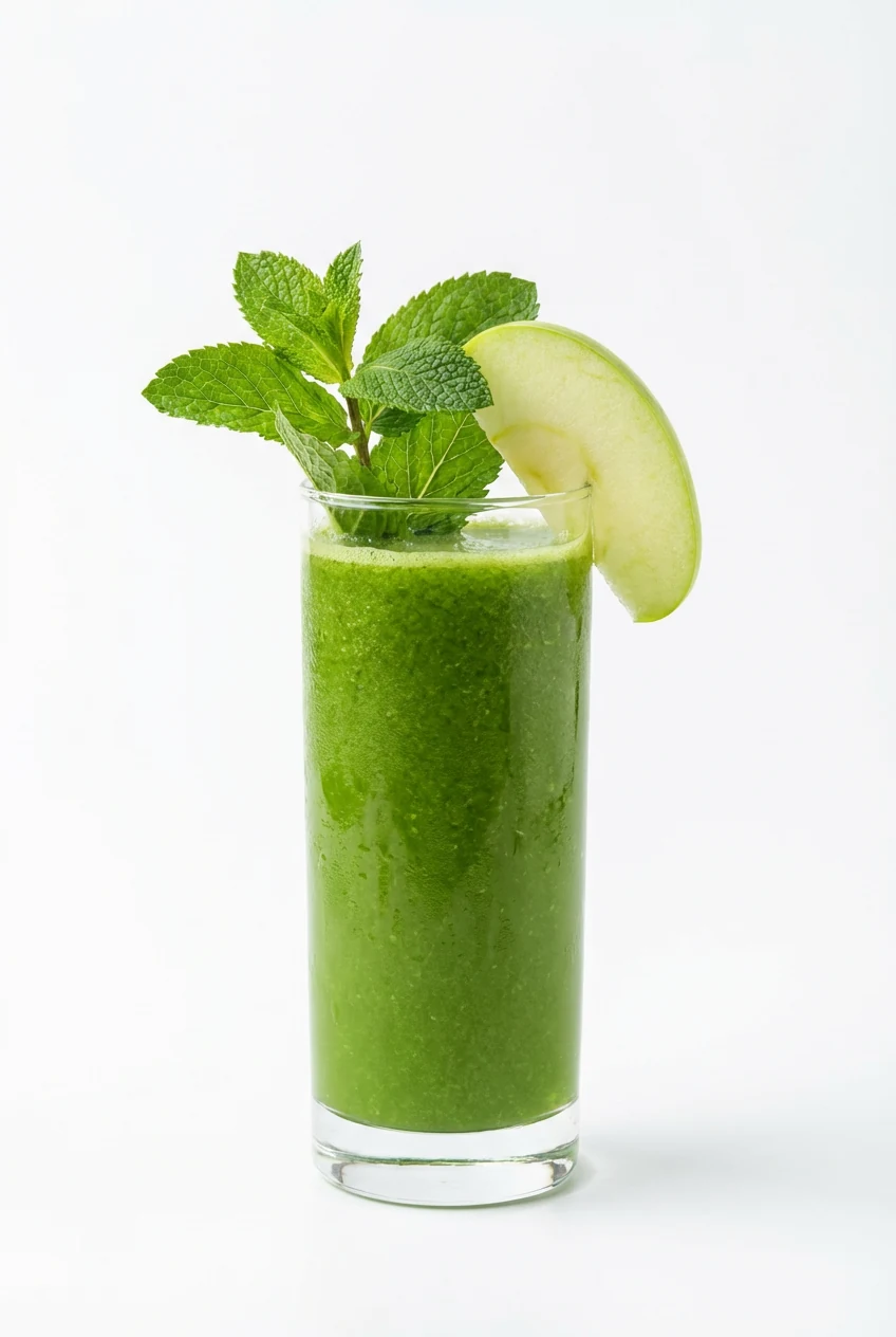 3. Beautifully plated tall tumbler of green juice with a sprig of fresh mint and a slice of green apple perched on the r