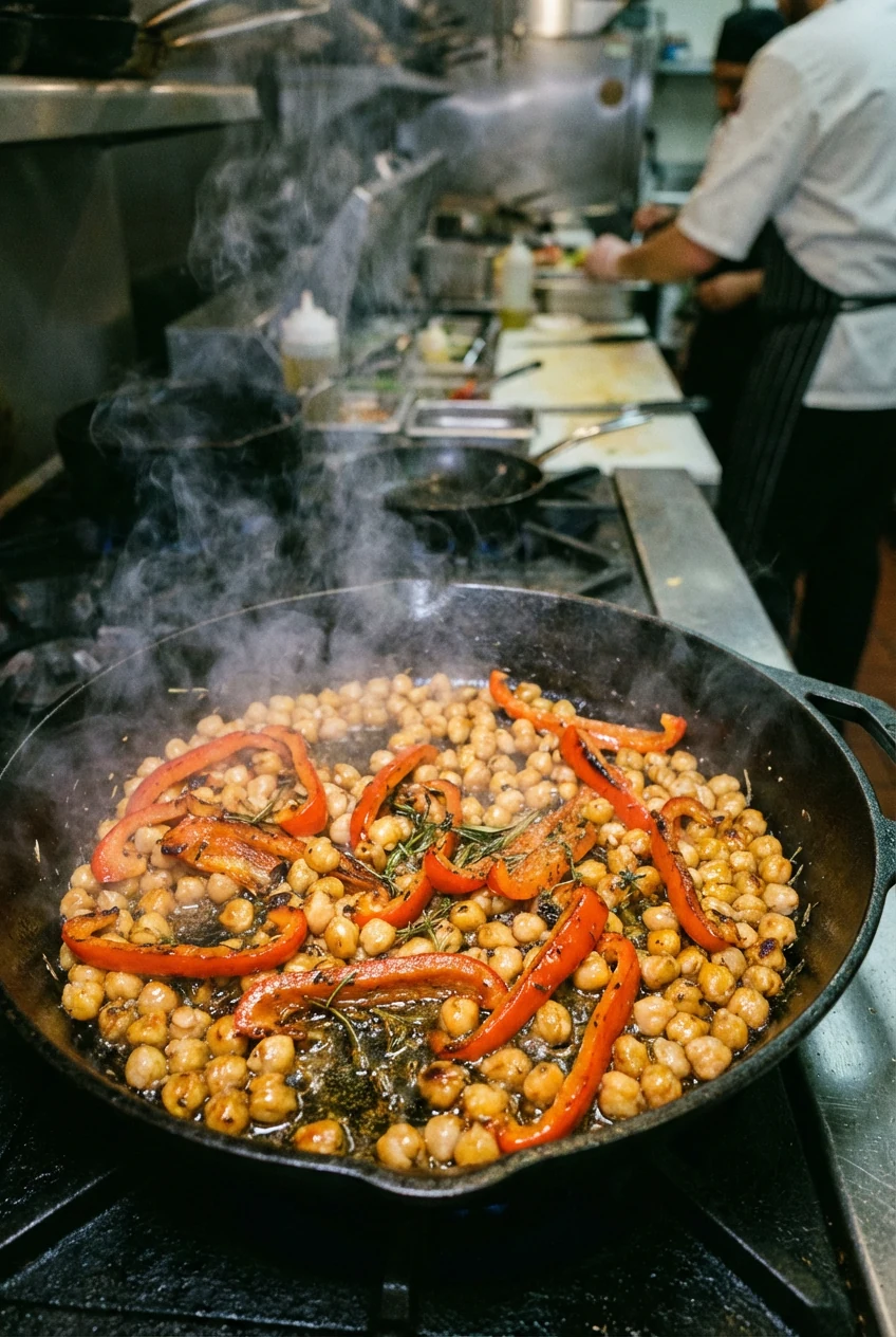Cooking process shot of chickpeas and red bell pepper sizzling in a skillet, slight char on edges, steam rising, rich go