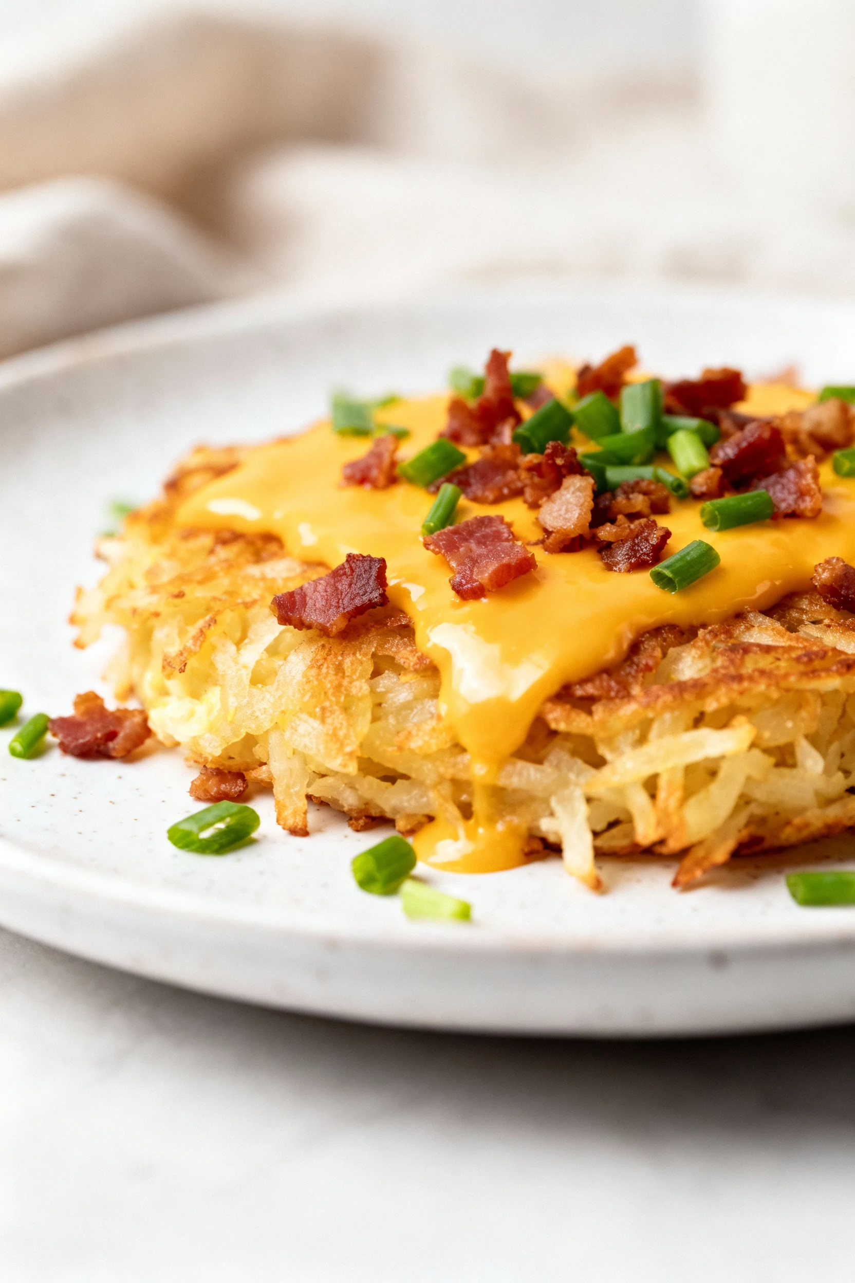 Beautifully plated loaded breakfast hashbrowns topped with melted cheddar, crispy bacon crumbles, and chopped chives, se