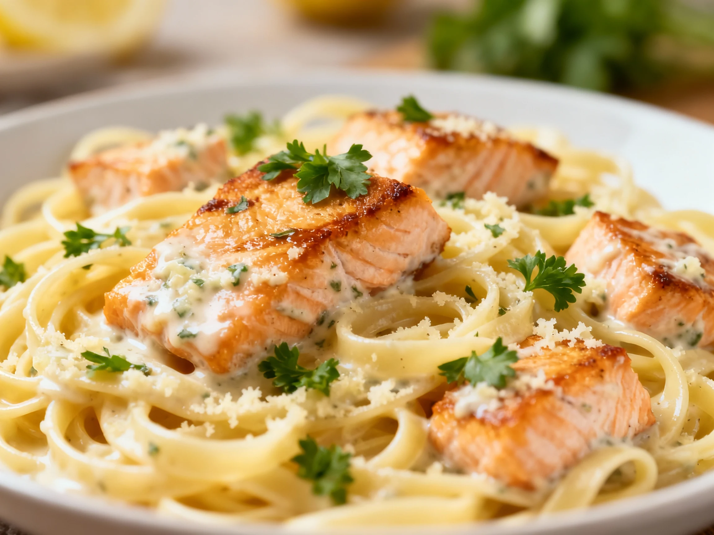 Food photography, Close-up of golden-seared salmon chunks nestled among silky linguine strands coated in creamy lemon-pa