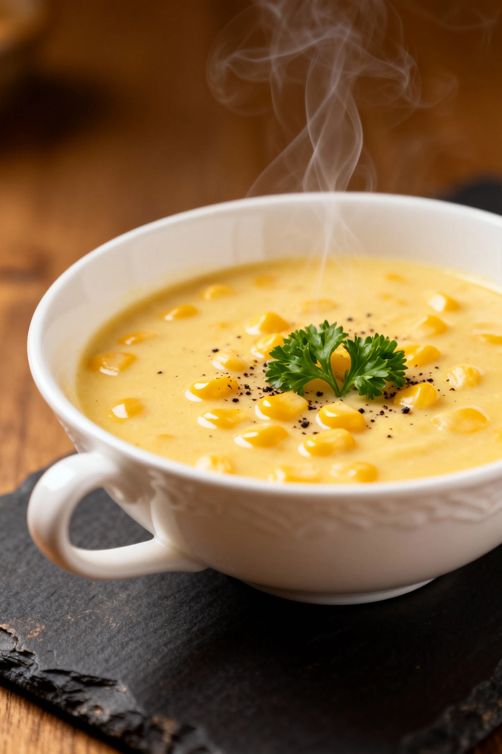Beautifully plated creamy corn chowder in a white porcelain bowl, garnished with fresh parsley and cracked black pepper,