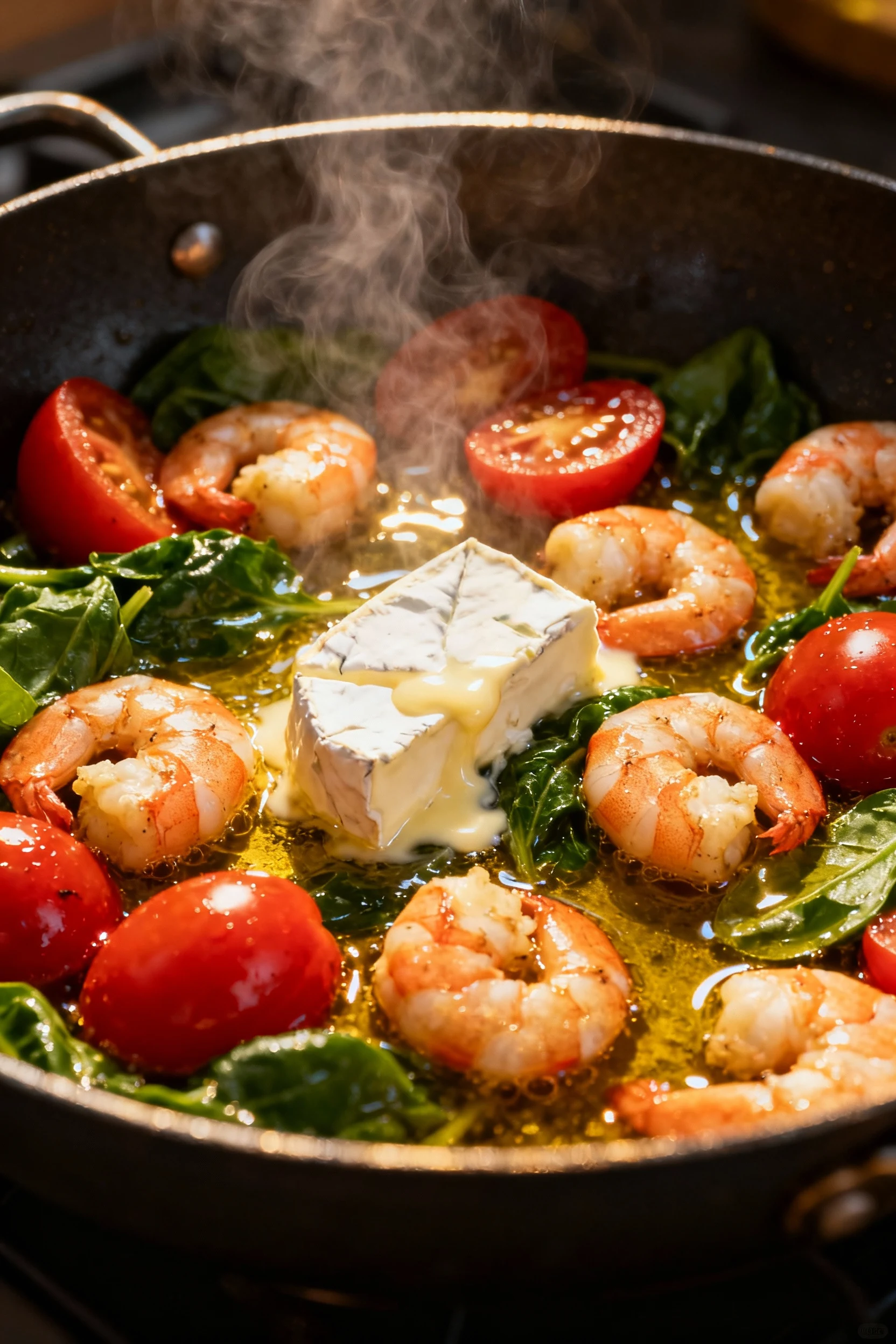 Cooking process shot: seasonal vegetables and shrimp sizzling in olive oil in a skillet, steam rising, vibrant colors of