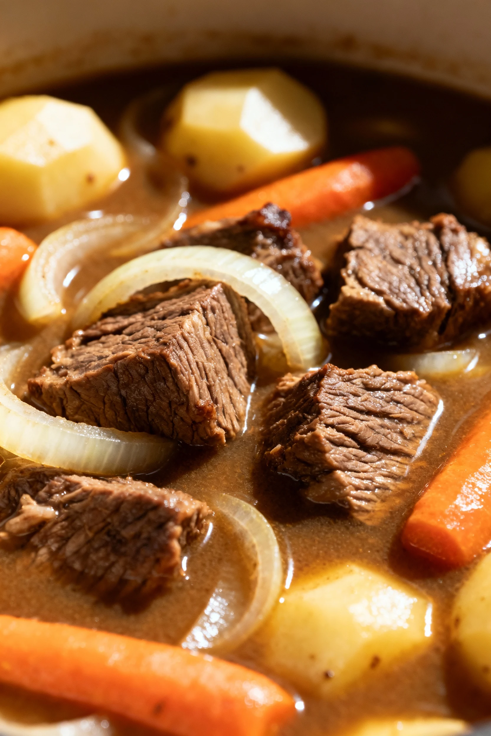 Side angle macro of tender beef chuck pieces nestled among softened onions, carrots, and potatoes in thick savory broth,