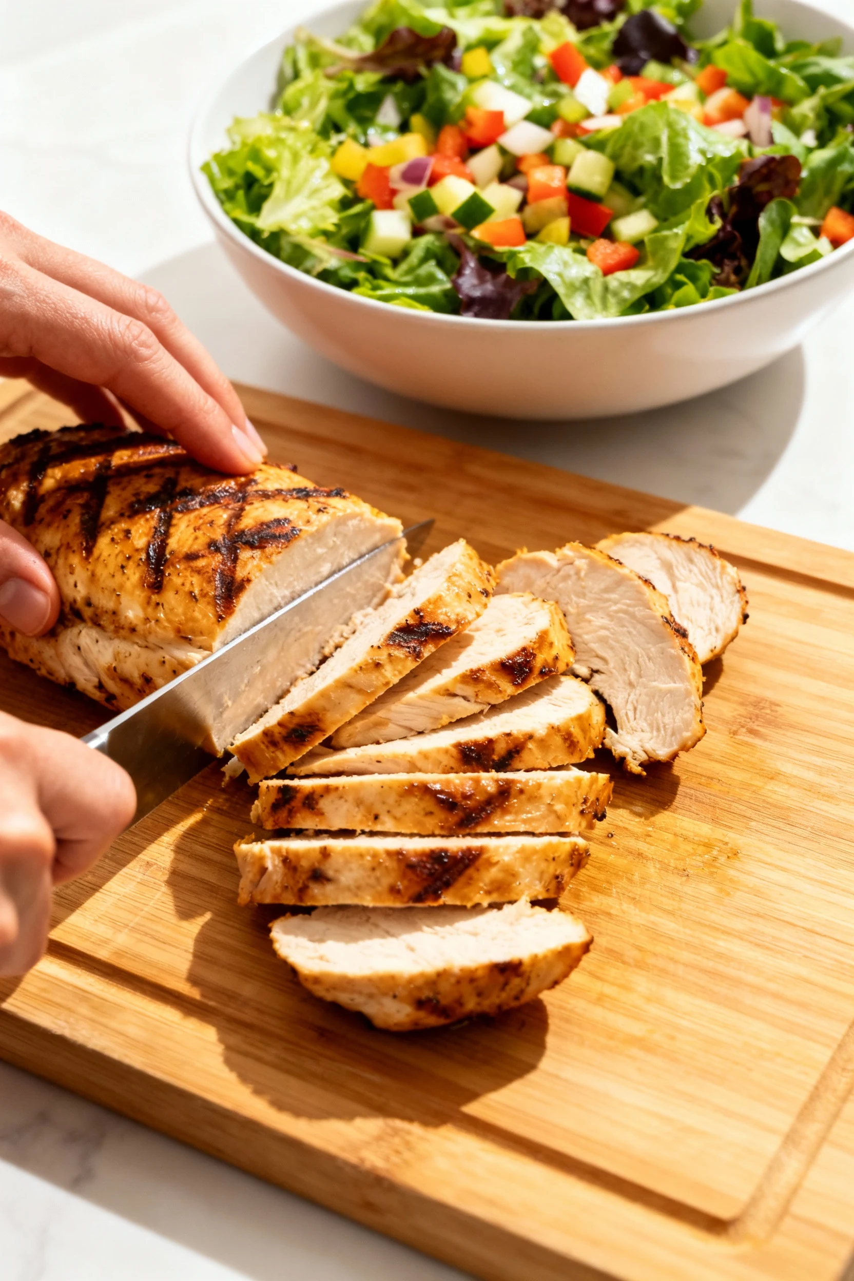 Step-by-step cooking process: grilled chicken breast being thinly sliced on a wooden cutting board next to a ready bowl 