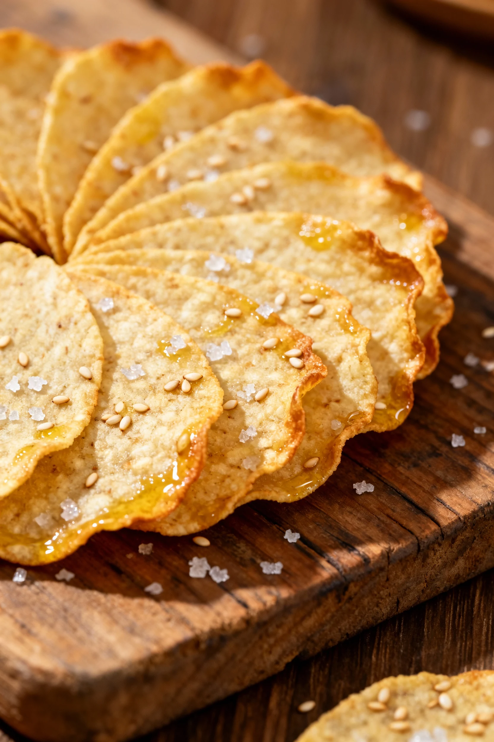 Side-angle macro shot of baked rice paper chips brushed with sesame oil, edges slightly curled and golden, sprinkled wit