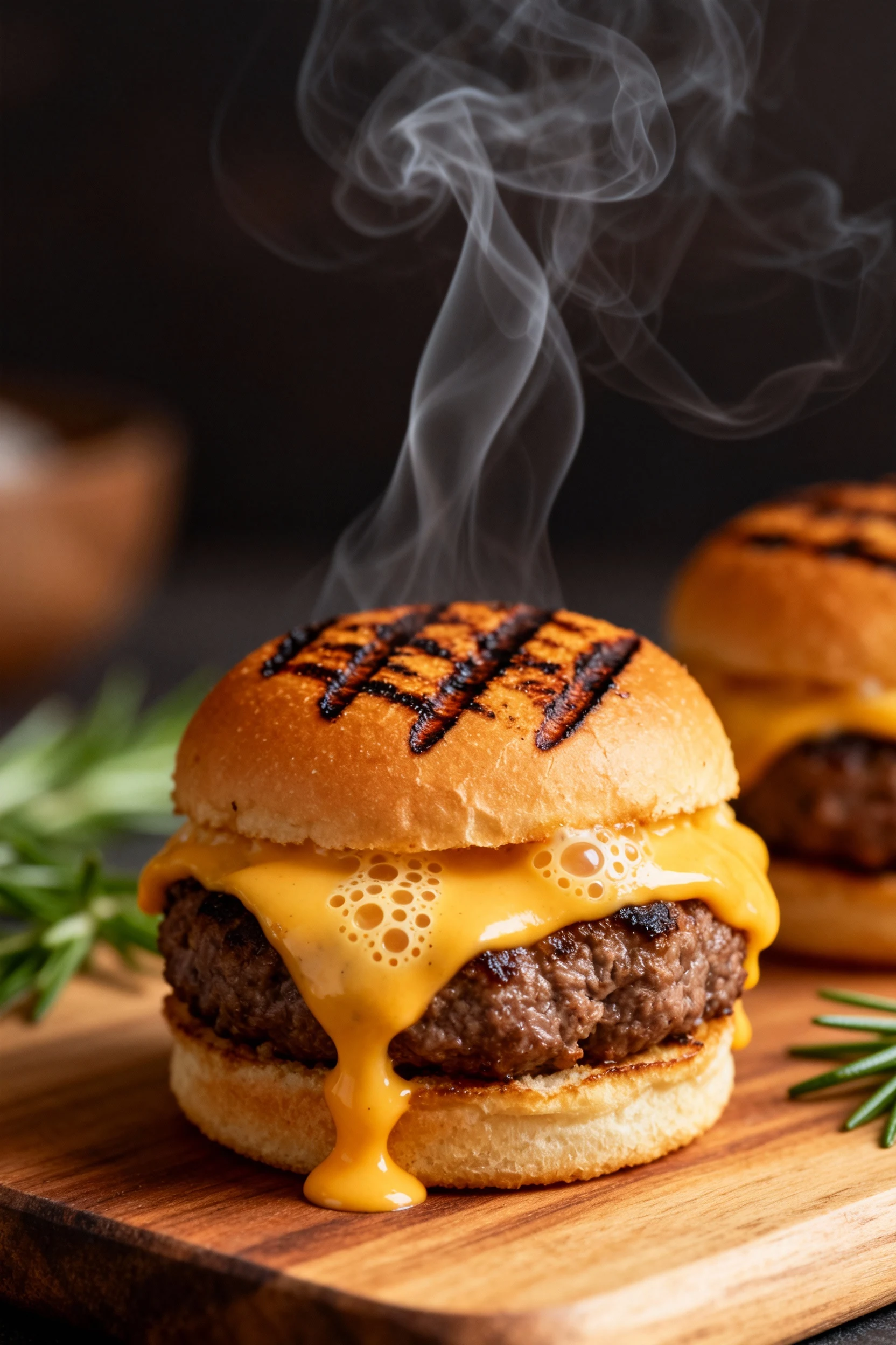 Macro shot of juicy beef slider patty topped with melted pepper jack cheese, steam rising, detailed focus on savory gril