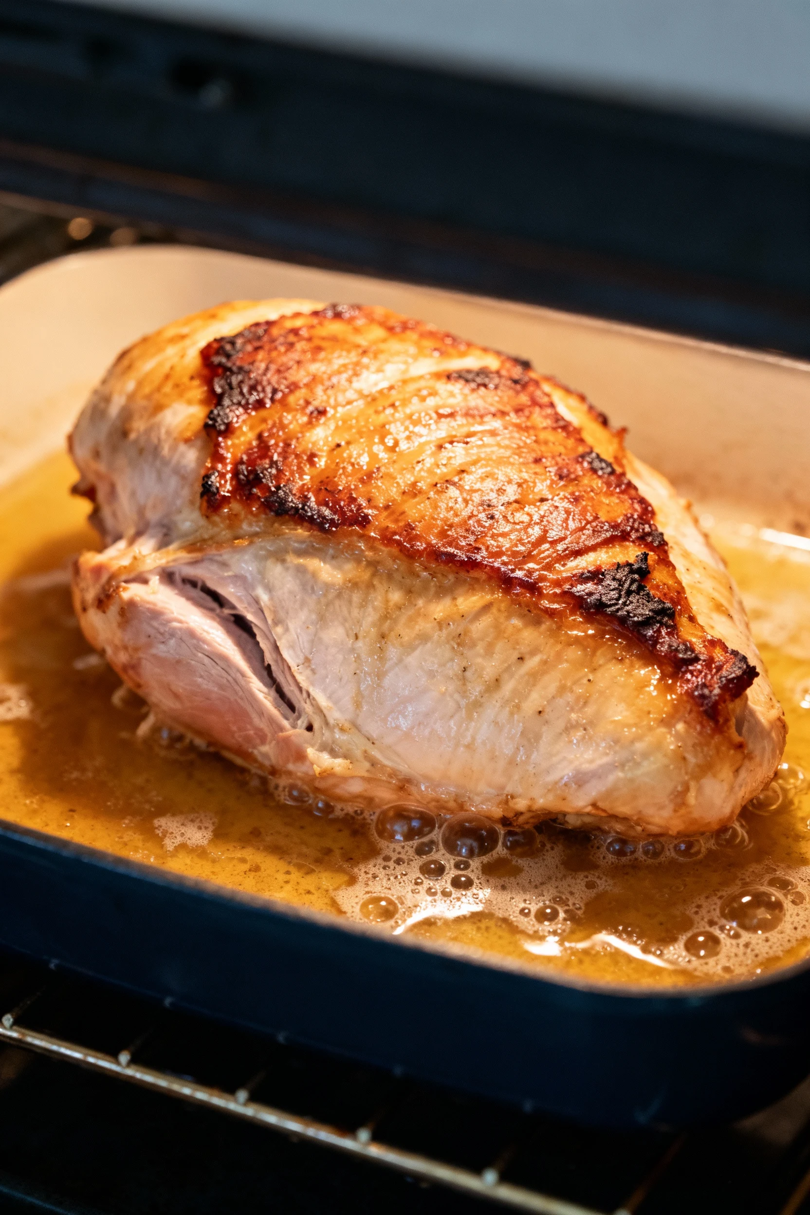 Turkey breast roasting in a pan inside the oven, skin side up, showing caramelized edges and bubbling juices at 375°F, r