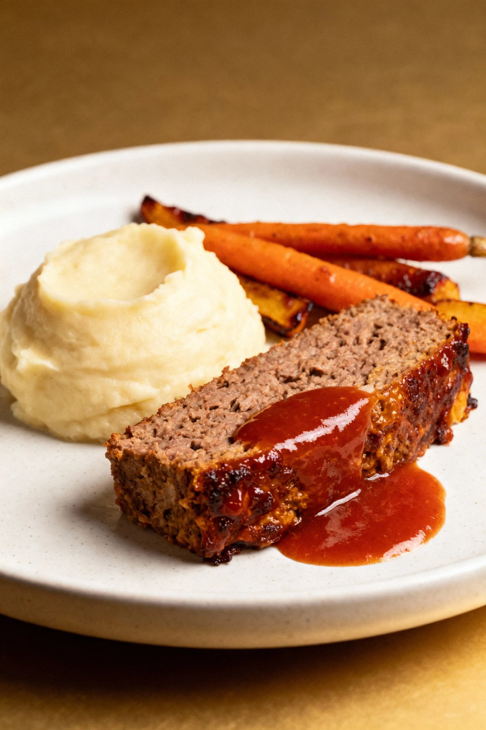 Beautifully plated thick slice of meatloaf served alongside creamy mashed potatoes and roasted carrots, drizzled with ex