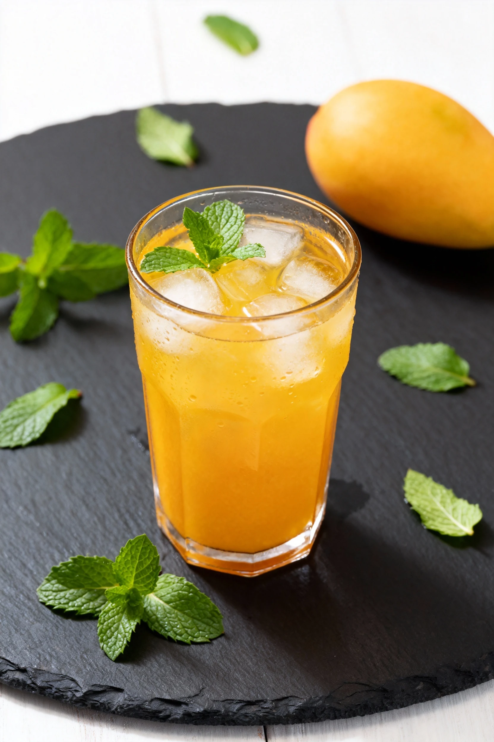 3. Beautifully plated tropical twist variation—mango-mint juice in a crystal-clear tumbler with ice cubes, vivid golden 