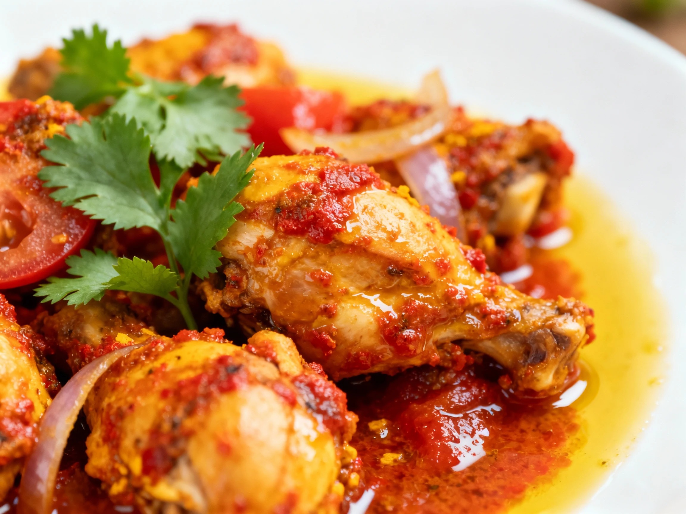 Food photography, Close-up of tender cooked chicken pieces coated in a rich tomato-onion gravy, vibrant red and golden h