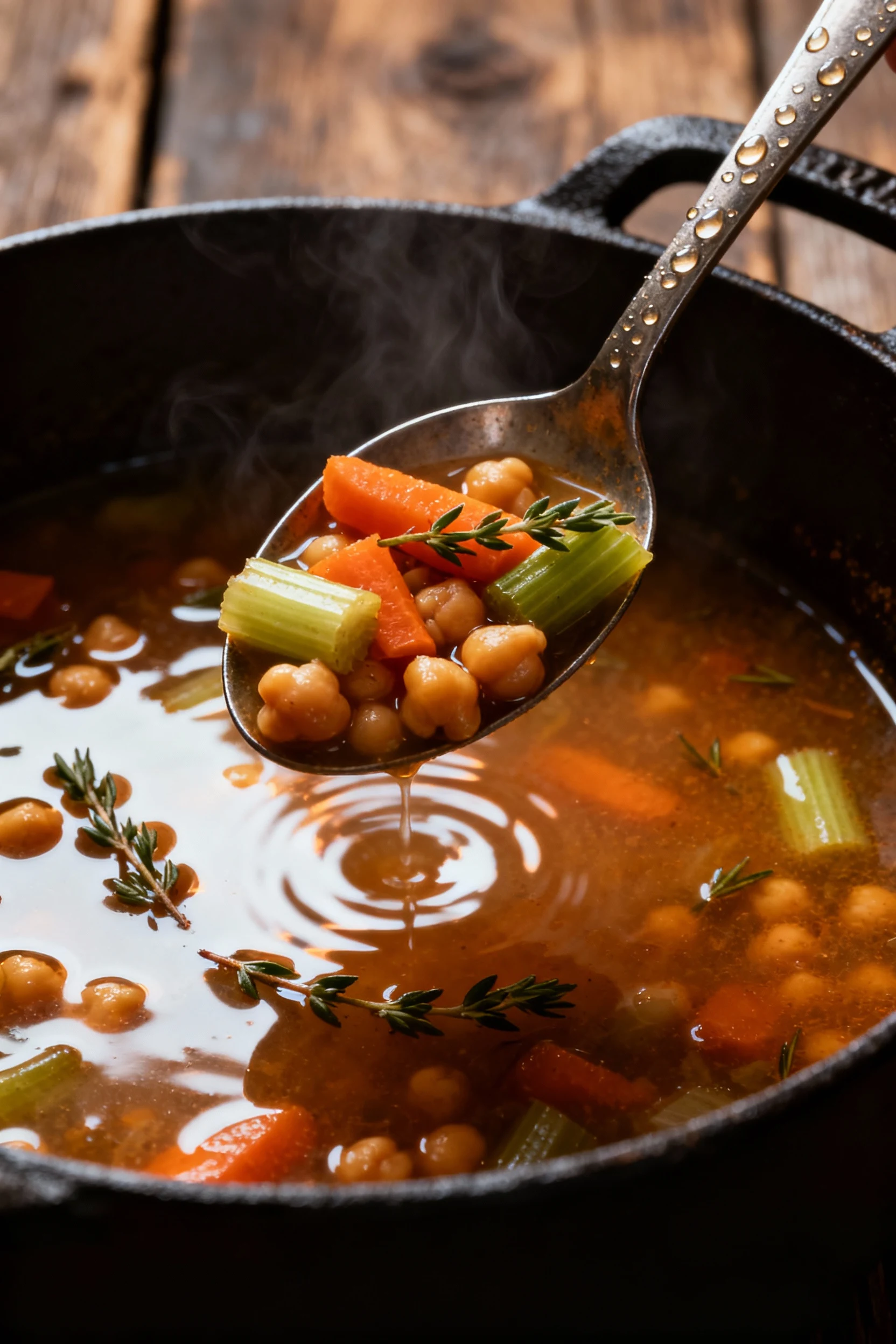 3. Close-up detail of ladle lifting hearty vegetable and chickpea soup from pot, showing glistening broth, visible thyme