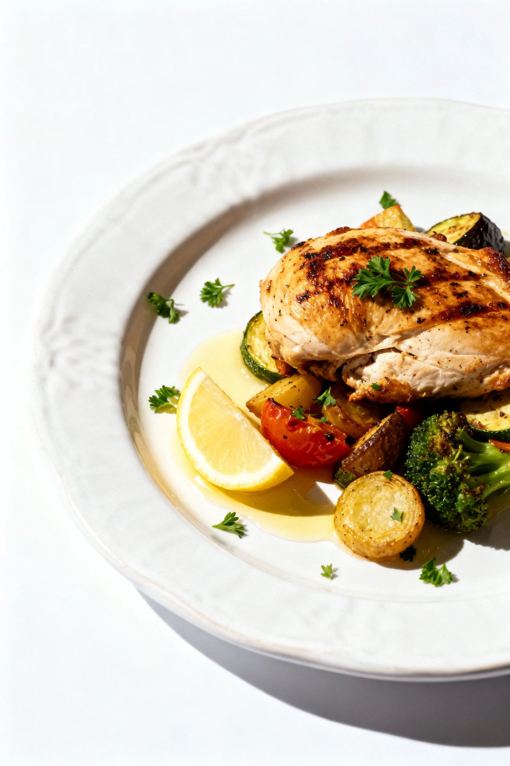 Beautifully plated grilled chicken and vegetable medley on a white ceramic plate, drizzle of fresh lemon juice catching 