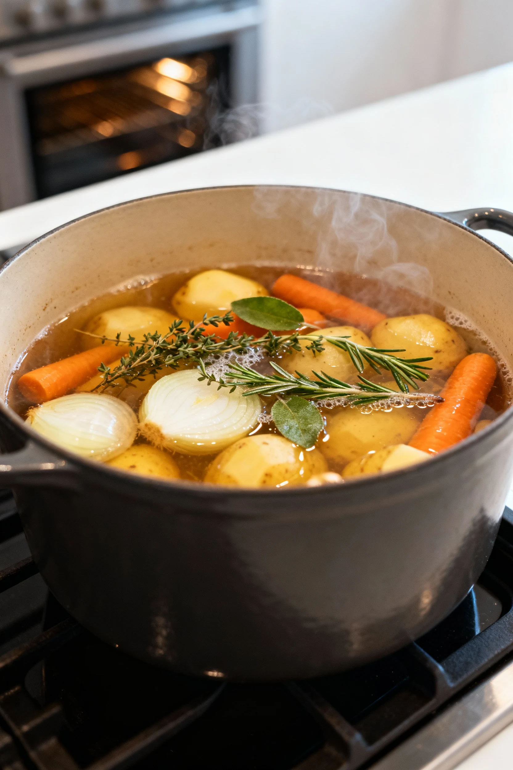 3. Wide overhead image of a heavy-bottomed pot mid-bake in the oven, showing tender vegetables and simmering broth with 