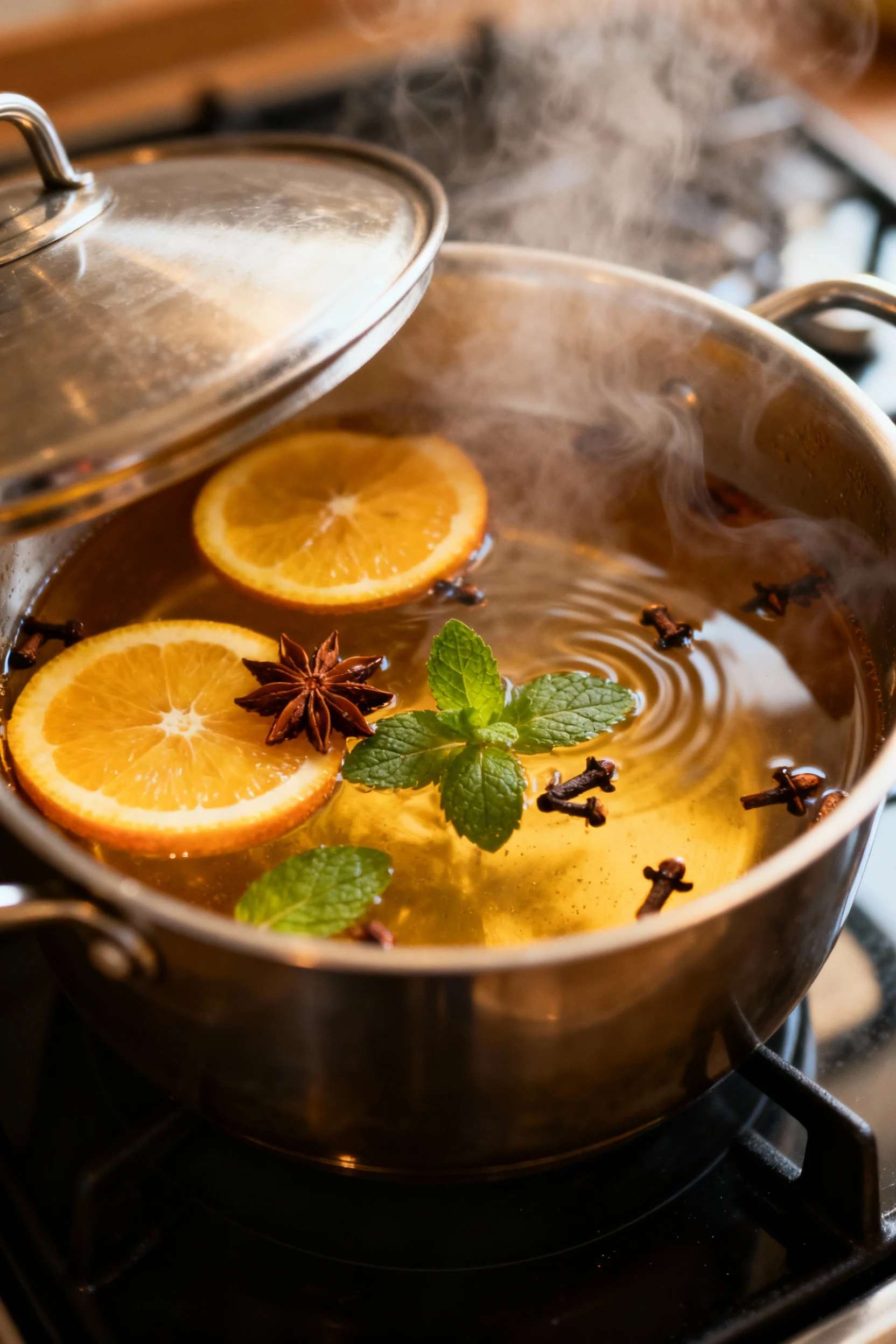 Cooking process shot capturing the gentle steam rising from a partially covered pot on a stovetop, ingredients including