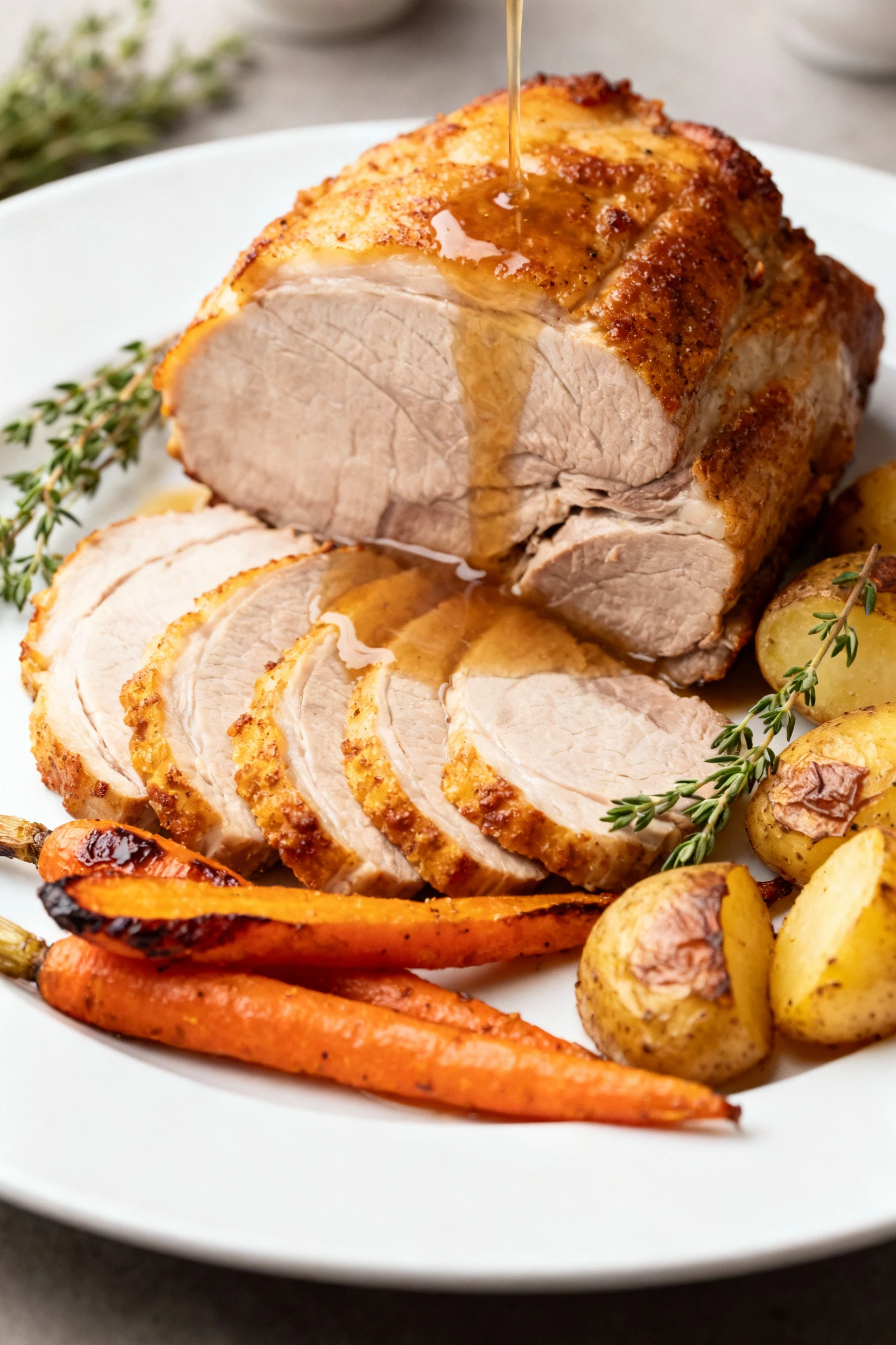 Beautifully plated sliced pork roast on a white platter, fanned slices with pan juices ladled over, roasted carrots and 
