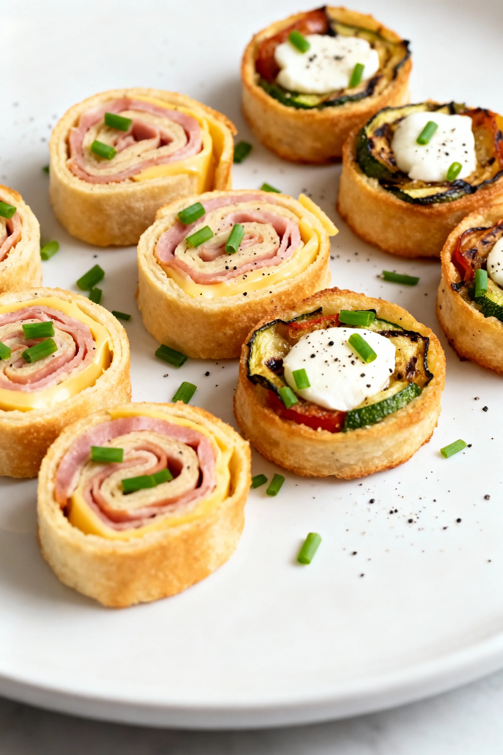 Final presentation: assorted savory pinwheels—ham & Swiss with chives, grilled veggie & mozzarella—neatly arranged on a 