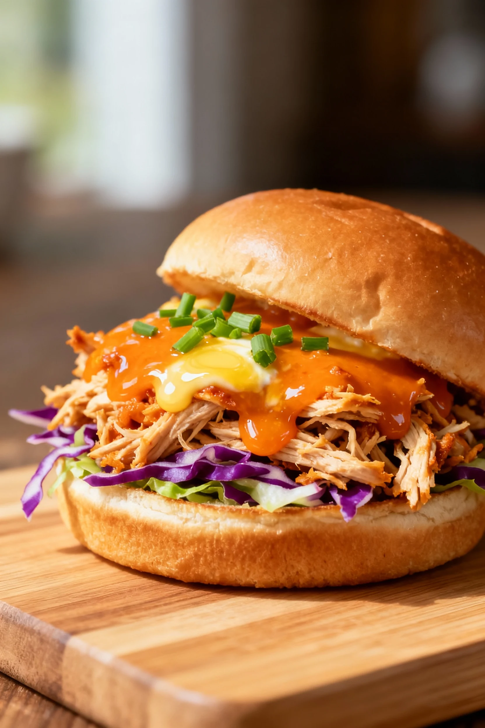 3/4 angle close-up: Buffalo Ranch shredded chicken piled on a toasted brioche bun with crisp purple-green slaw, glossy o