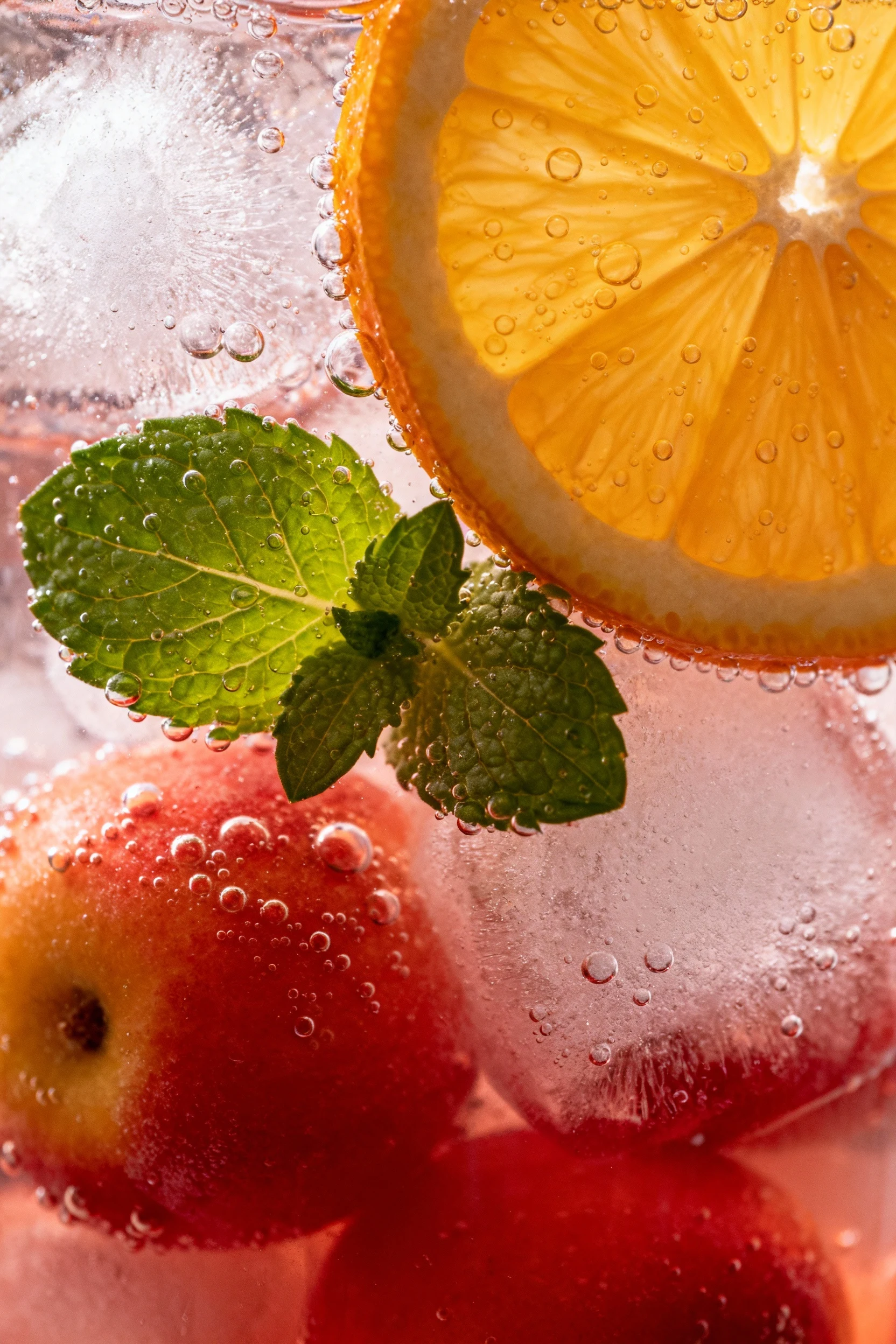 Macro close-up of the finished punch surface: citrus wheel and mint leaves floating among frozen fruit, effervescent bub
