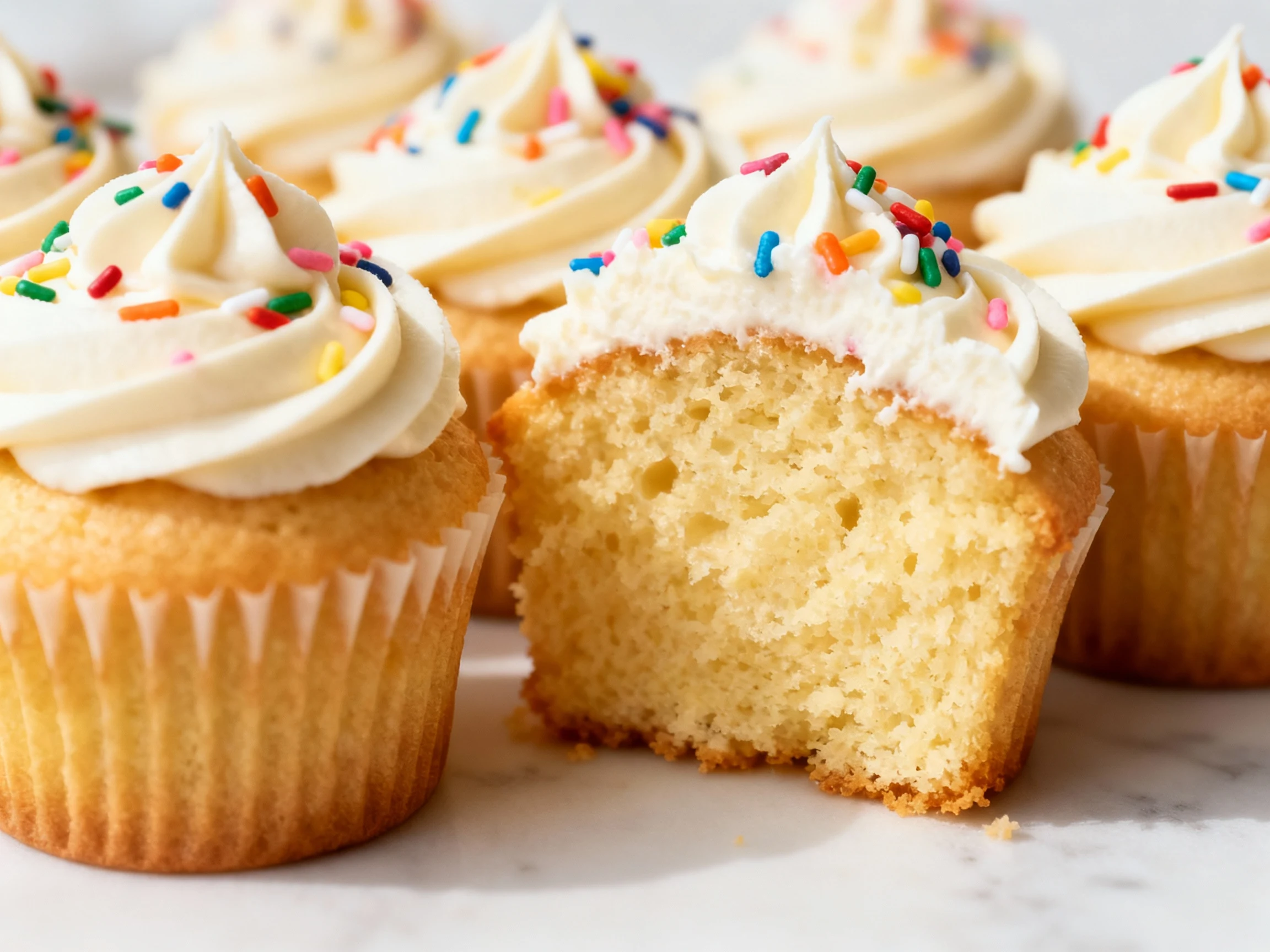 Food photography, Close-up of freshly baked golden vanilla cupcakes with a light, airy crumb texture visible in a halved