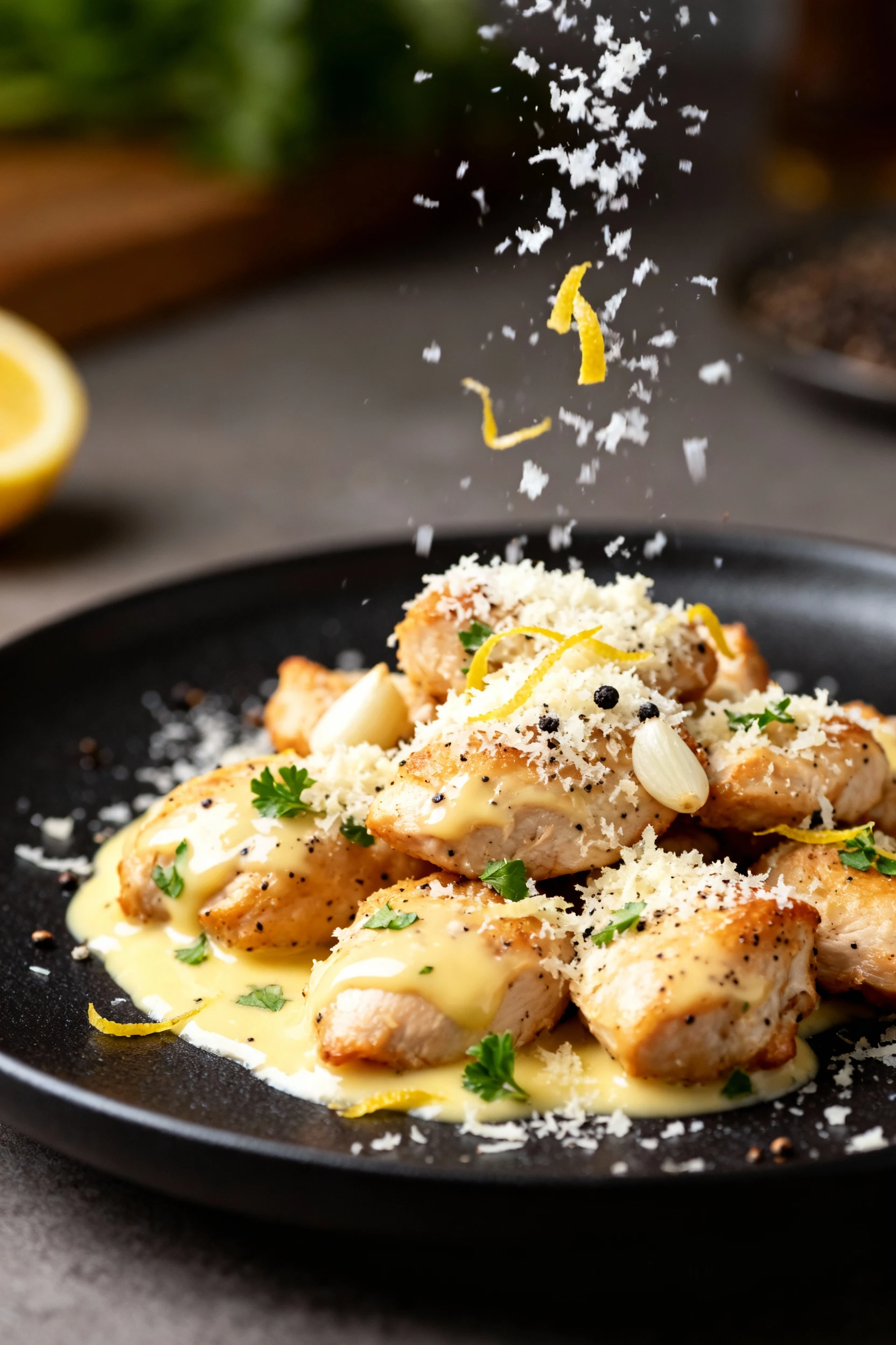 3. Beautifully plated garlic–Parmesan chicken bites, butter gloss with minced garlic and parsley flecks, snowfall of gra