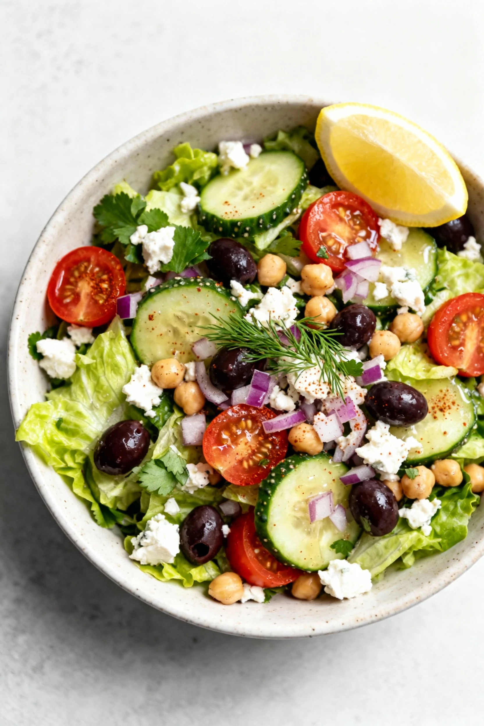 Tasty top view: Overhead shot of Greek Market Chopped in a shallow ceramic bowl—romaine, seeded cucumber, cherry tomato 