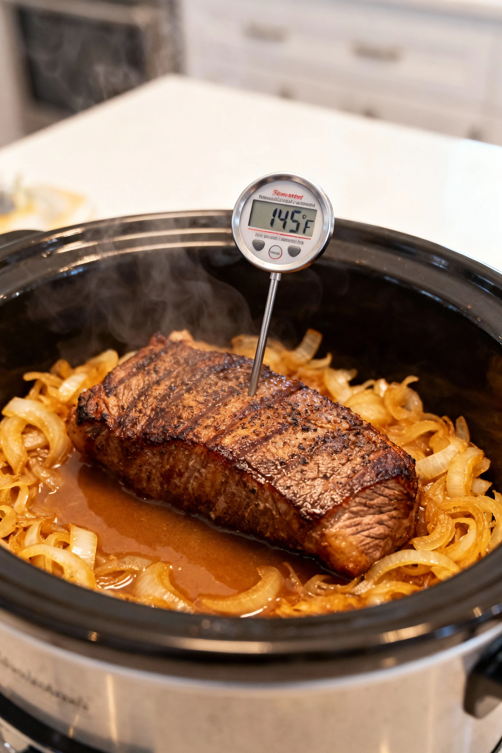 Cooking process: fully cooked tenderloin in slow cooker atop onions, sauce pooled around (not over) to preserve sear, th