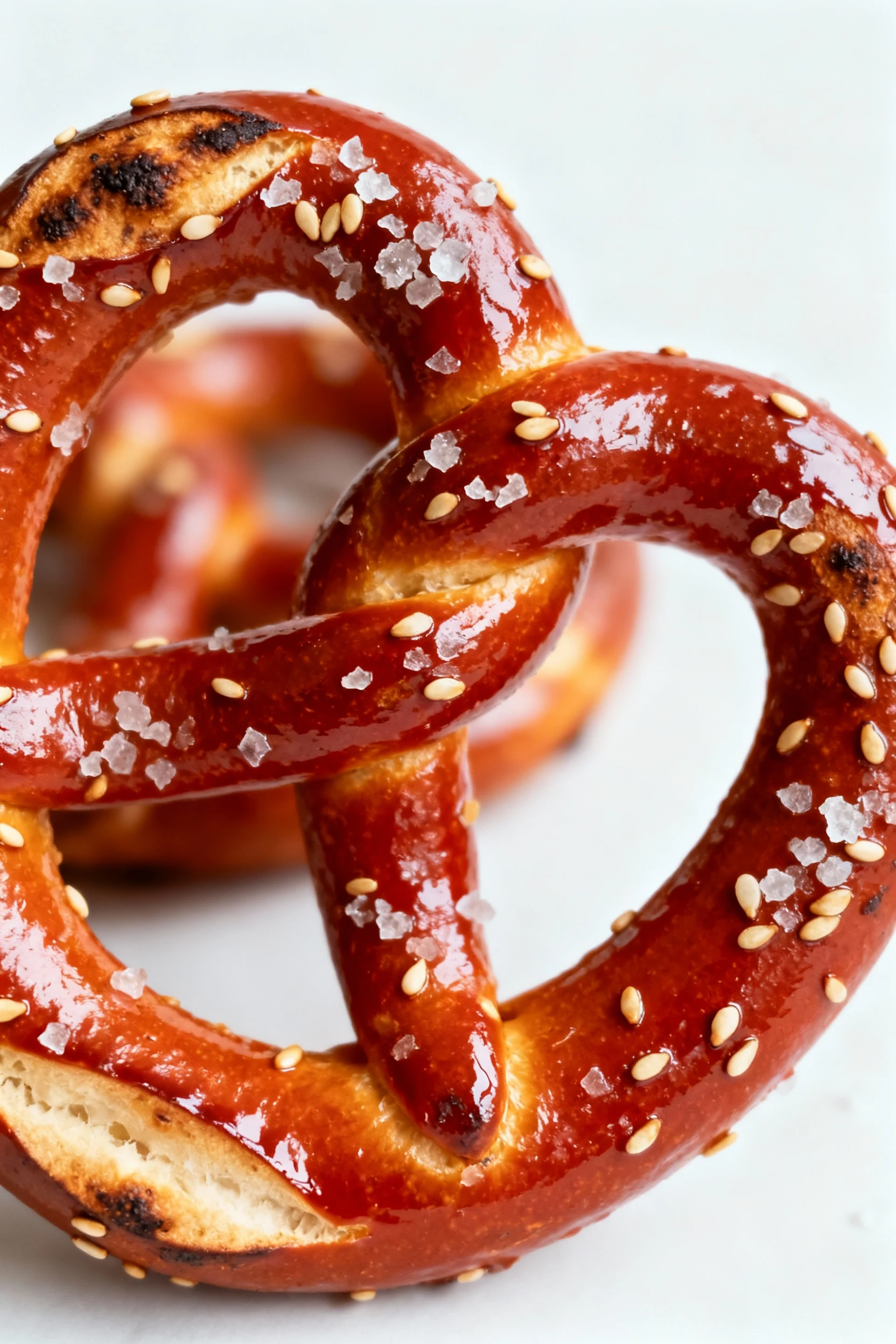 Macro close-up of Gochujang Honey Pretzel Bites: glossy brick-red glaze clinging to twisted pretzels, toasted edges, coa