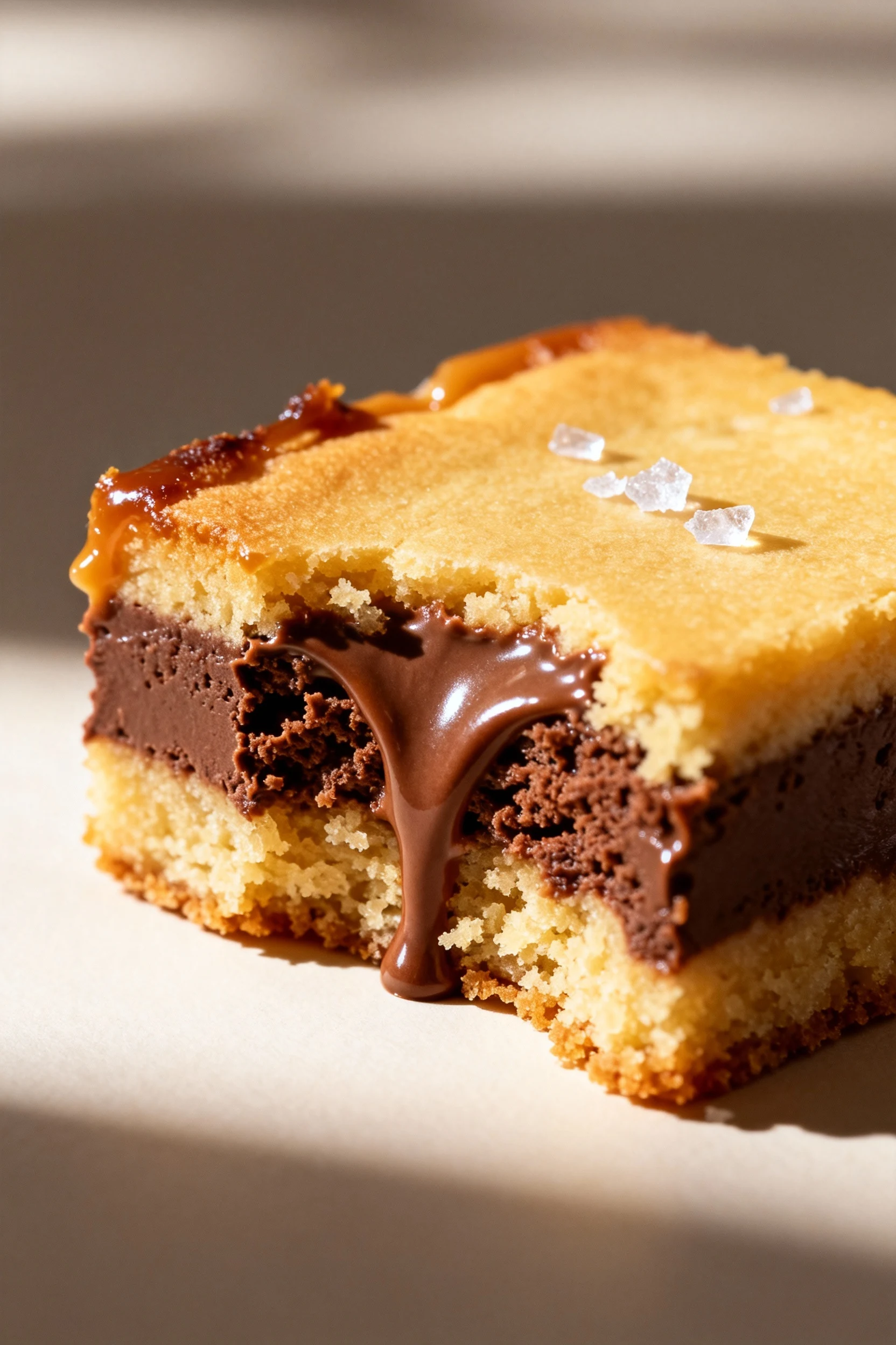Close-up detail: a single blondie square cut to show fudgy, chewy crumb with molten Nutella vein and caramelized edge; a
