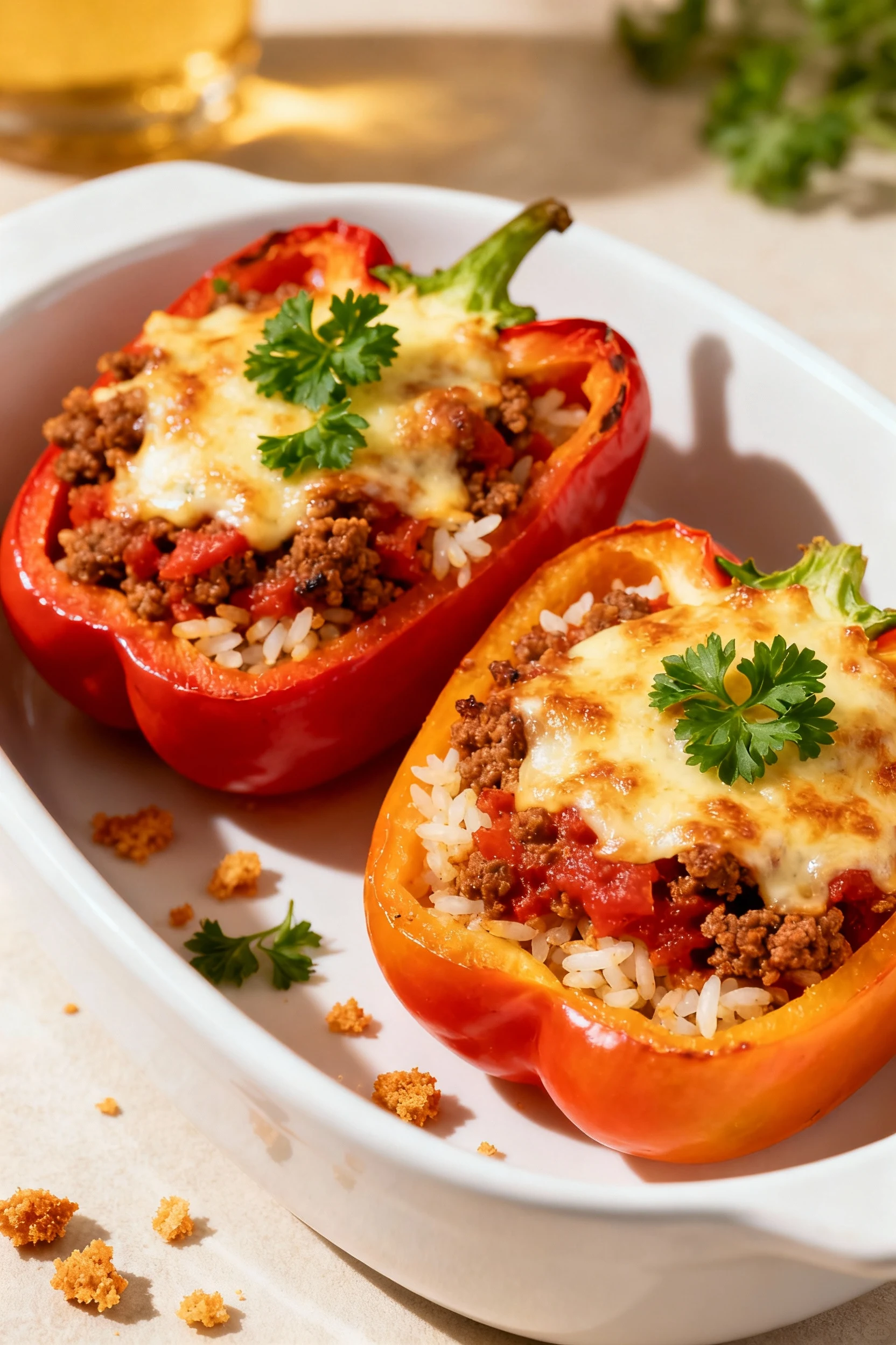 Final dish presentation: Stuffed pepper-style—halved bell peppers filled with tomatoey ground beef and rice, topped with