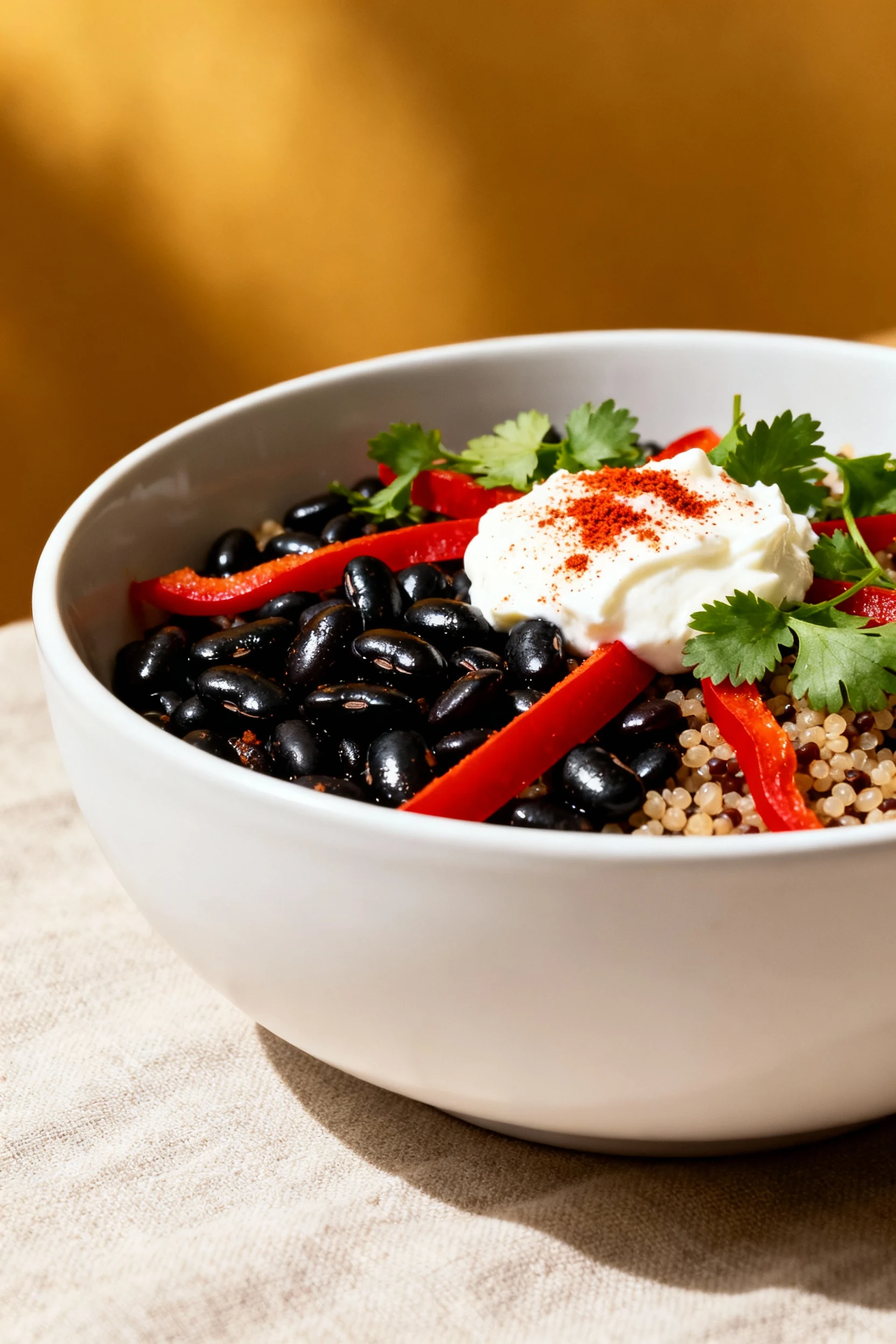 Beautifully plated black bean and quinoa bowl with glossy beans, bright red pepper strips, scattered fresh cilantro, and