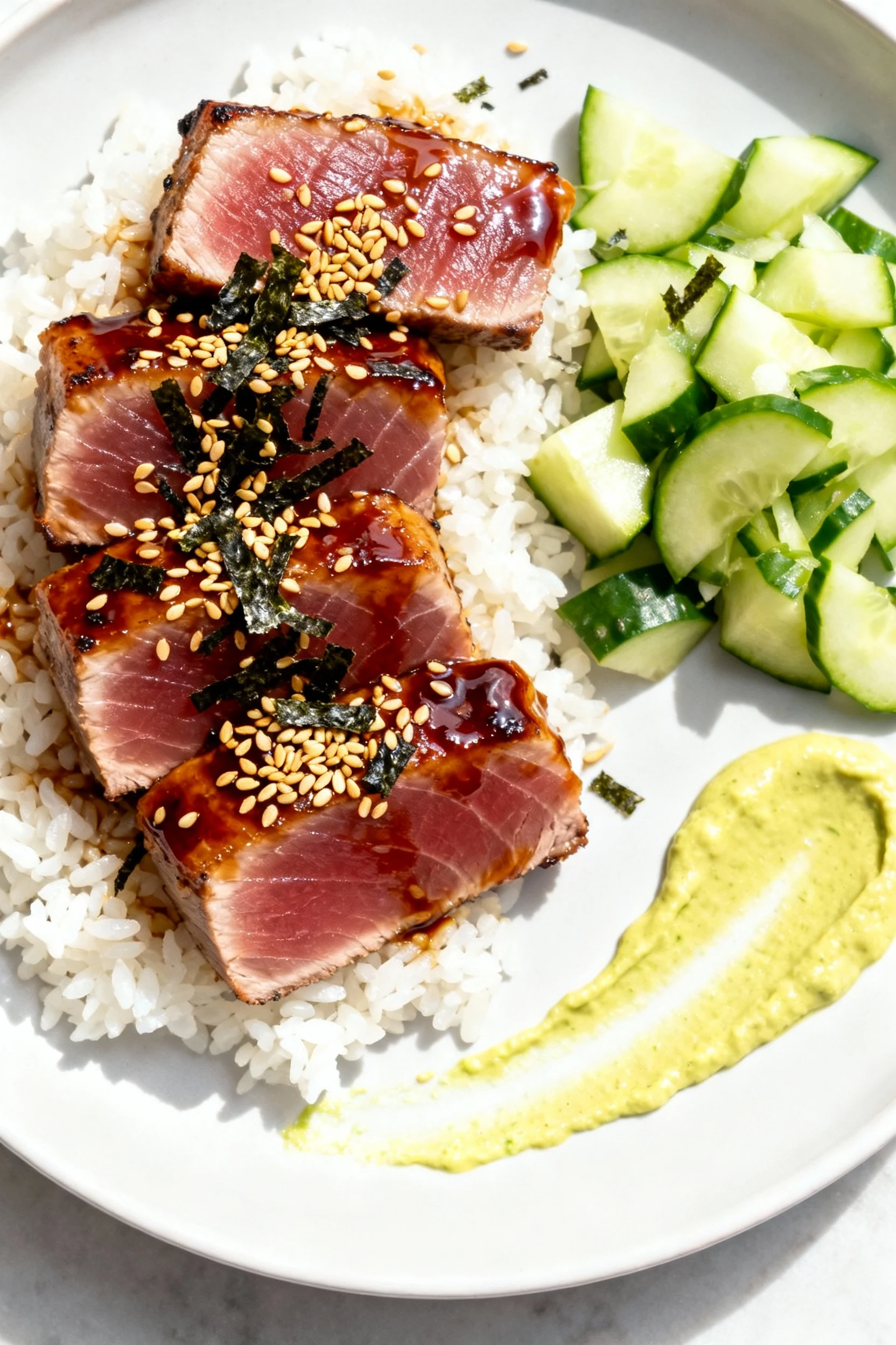 Top-down teriyaki-glazed tuna steaks with lacquered shine, sprinkled toasted sesame and nori flakes, served over steamed