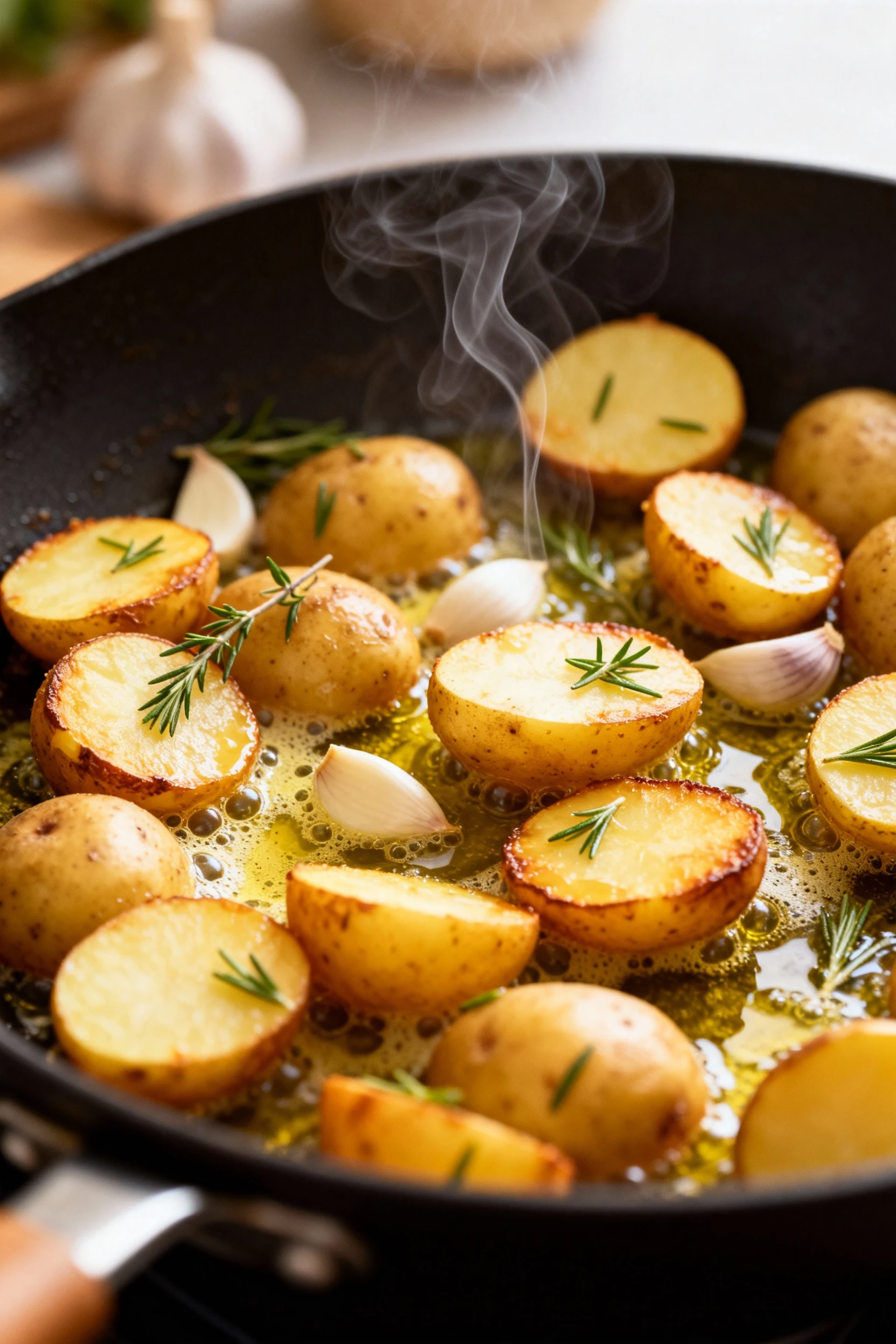 Mid-cook skillet scene showing halved baby potatoes turning golden in bubbling butter and olive oil, flecked with thyme,