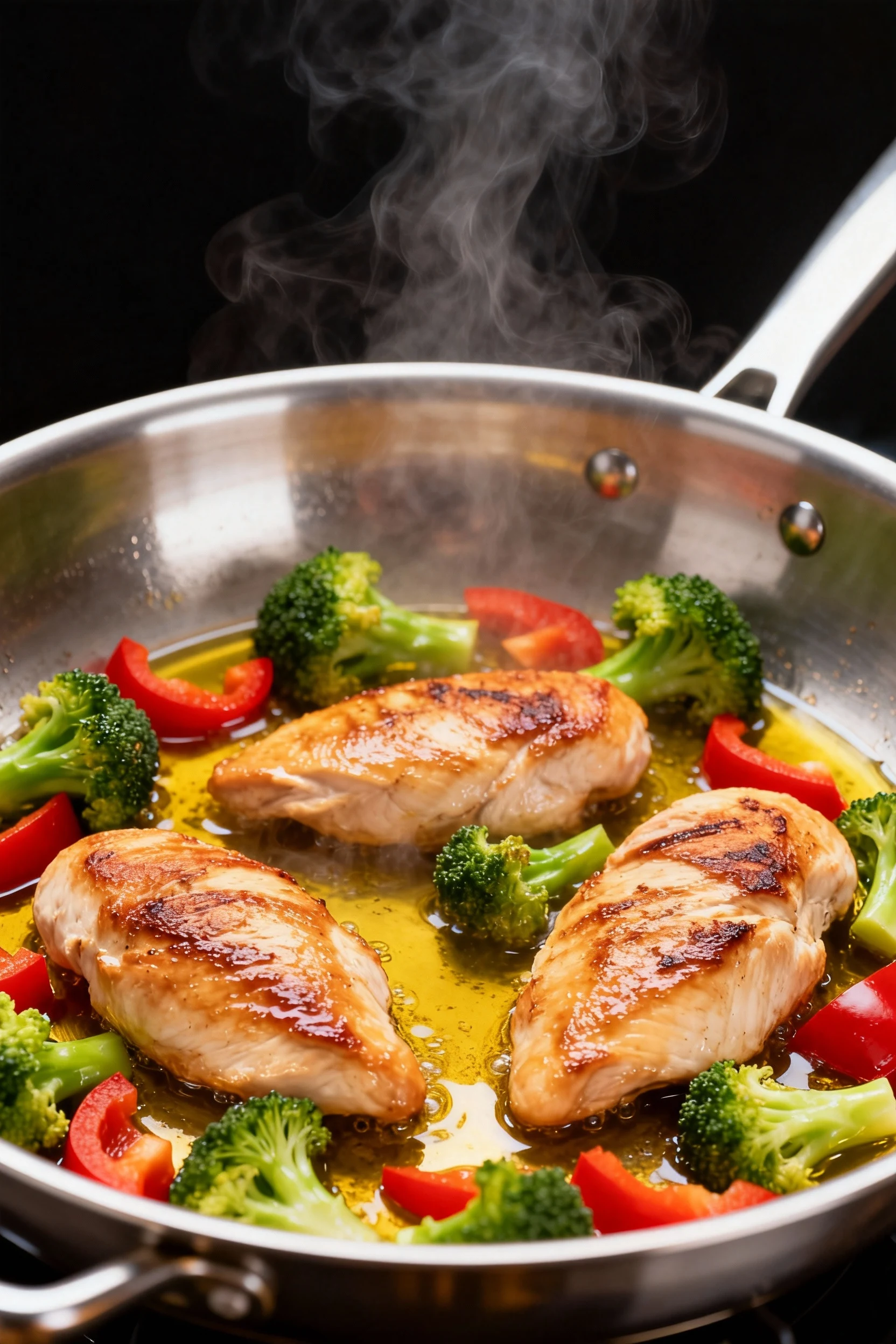 Mid-cooking process shot of chicken breasts sizzling in olive oil, edges crisping to golden brown while broccoli and red