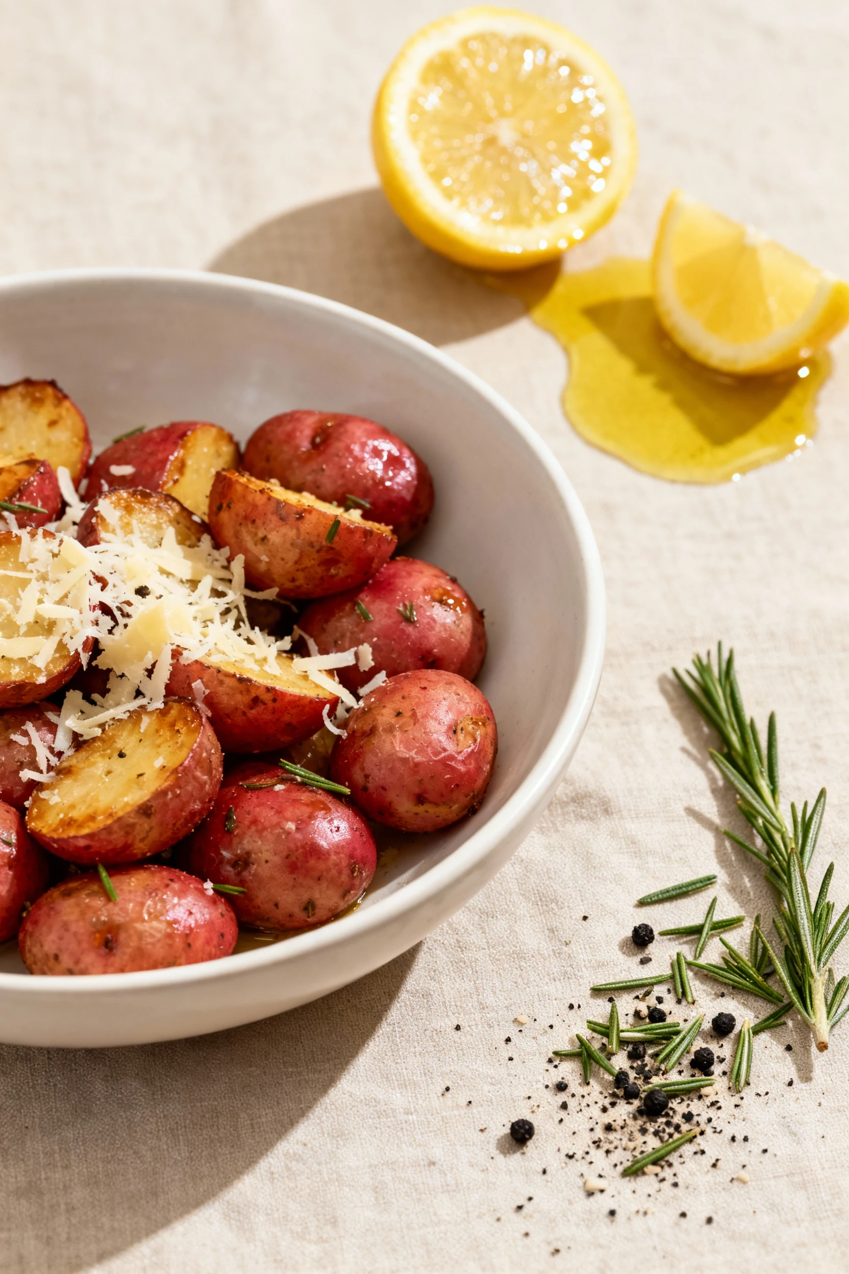 Beautifully plated roasted red potatoes in a matte white shallow bowl, glistening lemon and olive oil, grated parmesan, 